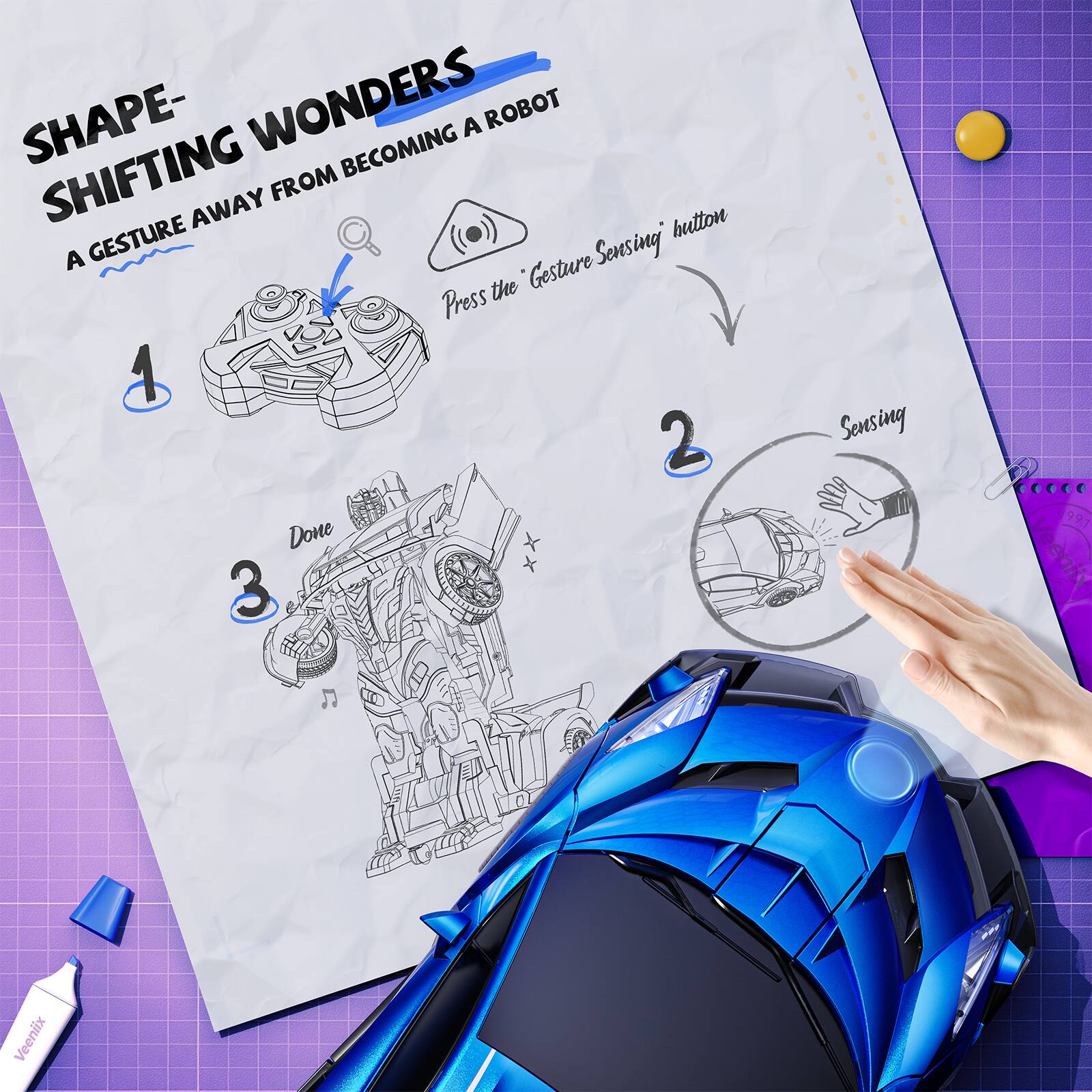 SHAPE-SHIFTING WONDERS  
A GESTURE AWAY FROM BECOMING A ROBOT  

1. Press the "Gesture Sensing" button  
2. Sensing  
3. Done