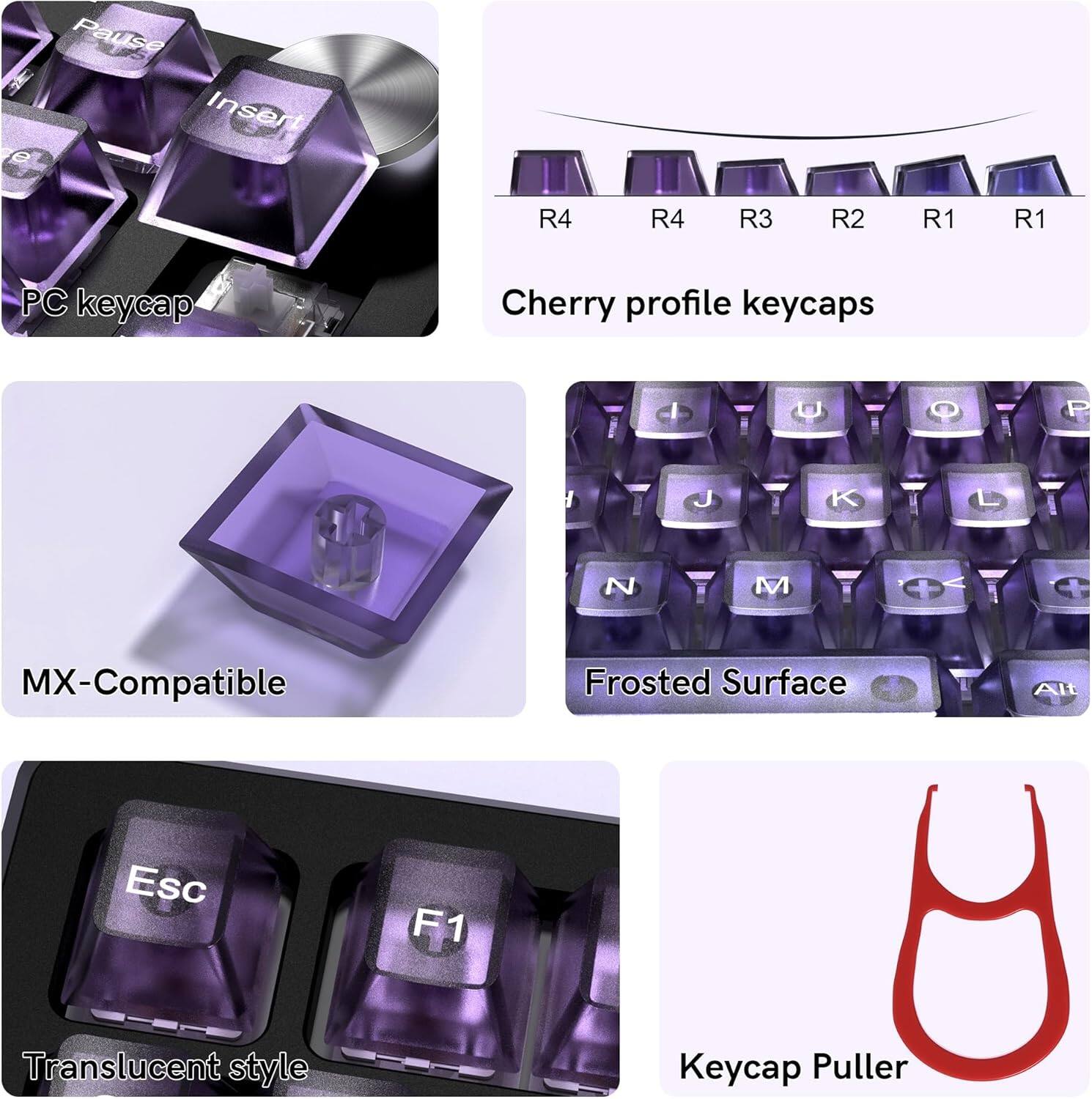 Pause Insert R4 R4 R3 R2 R1 R1 PC keycap Cherry profile keycaps dI P J K L N M MX-Compatible Frosted Surface Alt Esc F1 1 Translucent style Keycap Puller