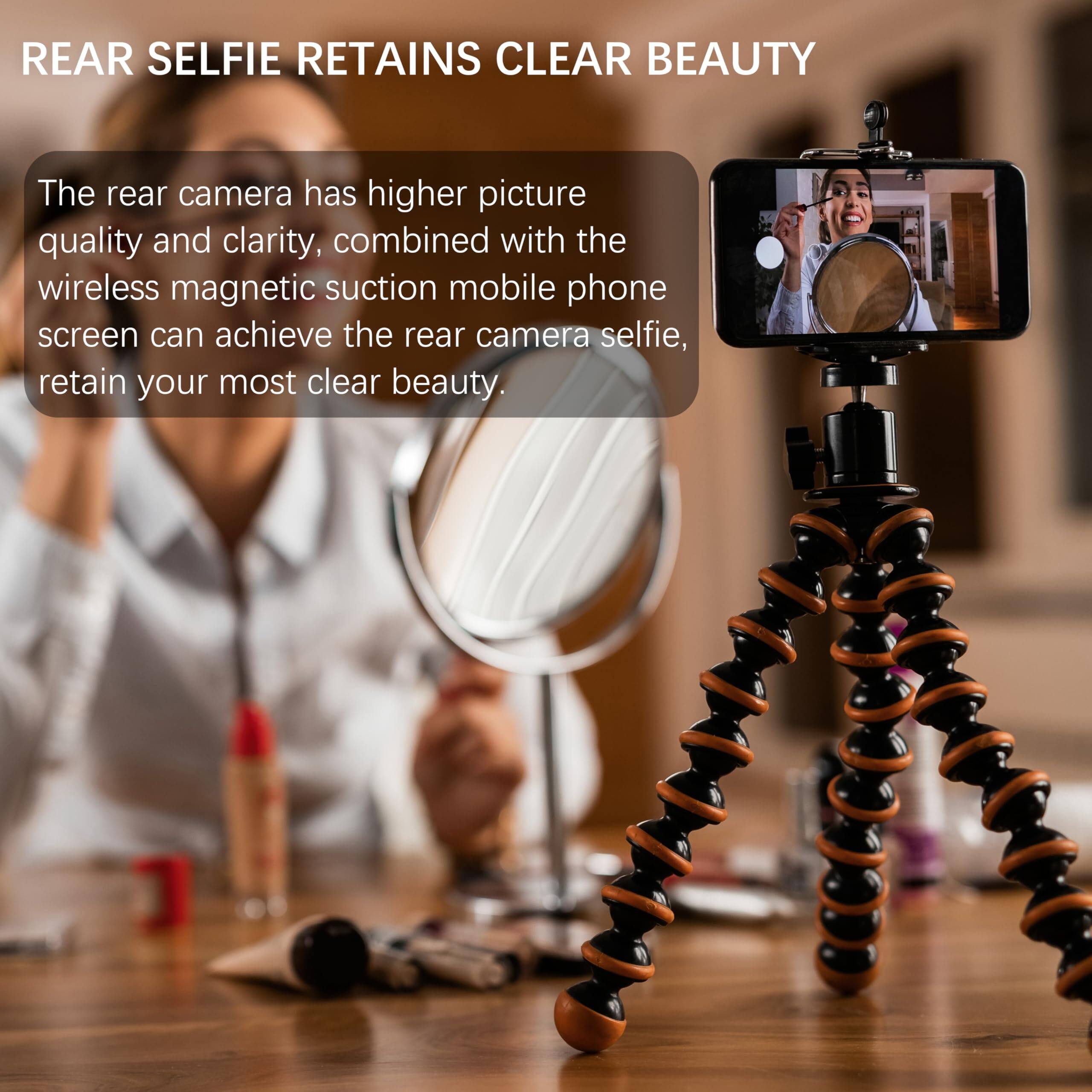 REAR SELFIE RETAINS CLEAR BEAUTY

The rear camera has higher picture quality and clarity, combined with the wireless magnetic suction mobile phone screen can achieve the rear camera selfie, retain your most clear beauty.