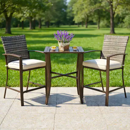 Front. Kadyn - 3 Pieces Rattan Bar Furniture Set with Slat Table and 2 Cushioned Stools-Brown, Outdoor Dining Chair for Outside Patio - Brown.