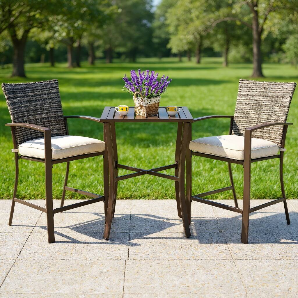 Front. Kadyn - 3 Pieces Rattan Bar Furniture Set with Slat Table and 2 Cushioned Stools-Brown, Outdoor Dining Chair for Outside Patio - Brown.