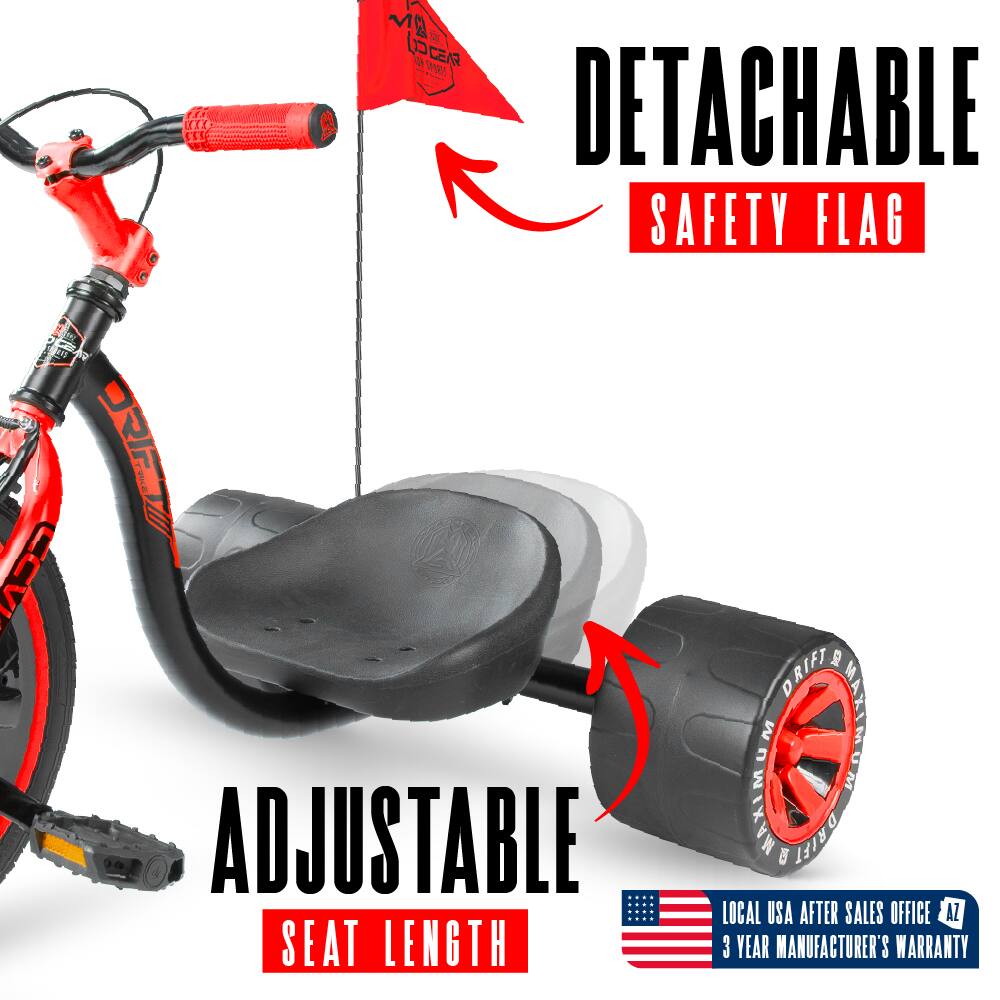 IK XE 1 M G & DEA tR WW | DETACHABLE SAFETY FLAG D  
ADJUSTABLE SEAT LENGTH  
DRIFT MAXIMUM  
LOCAL USA AFTER SALES OFFICE  
3 YEAR MANUFACTURER'S WARRANTY