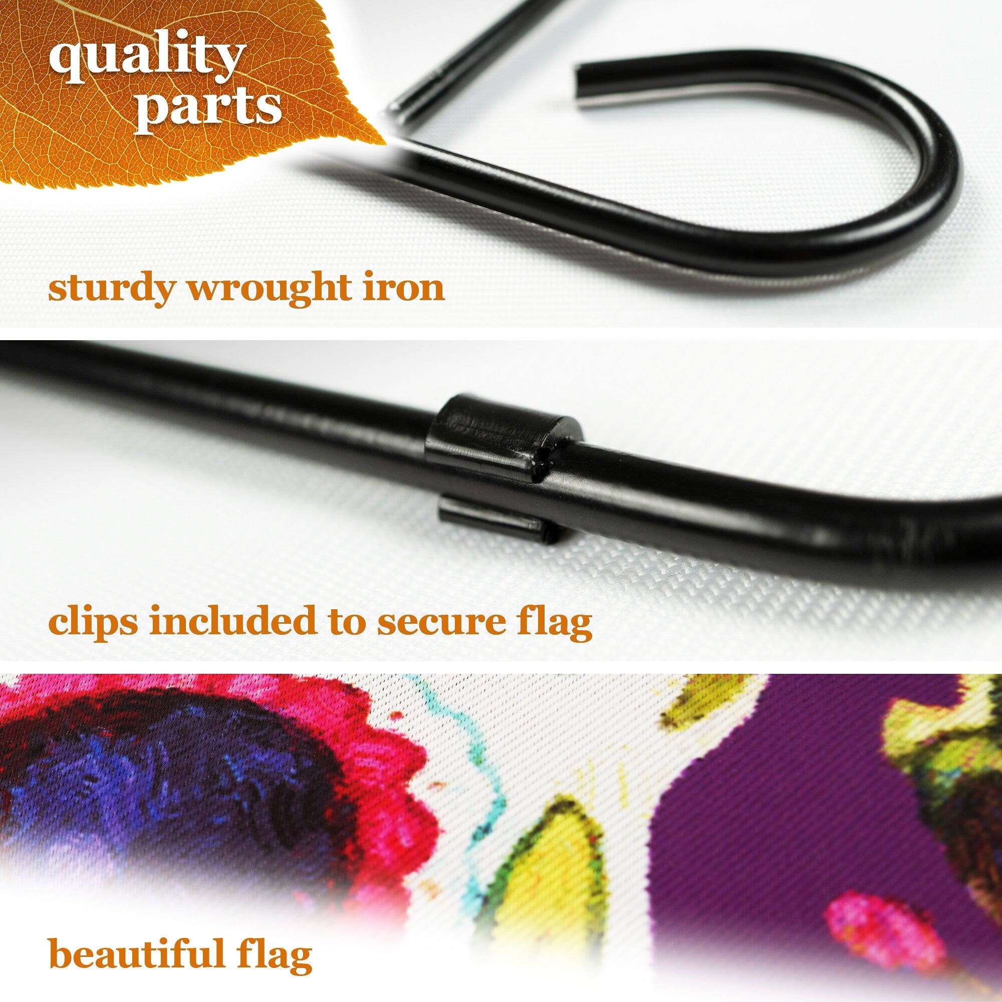quality parts  
sturdy wrought iron  
clips included to secure flag  
beautiful flag
