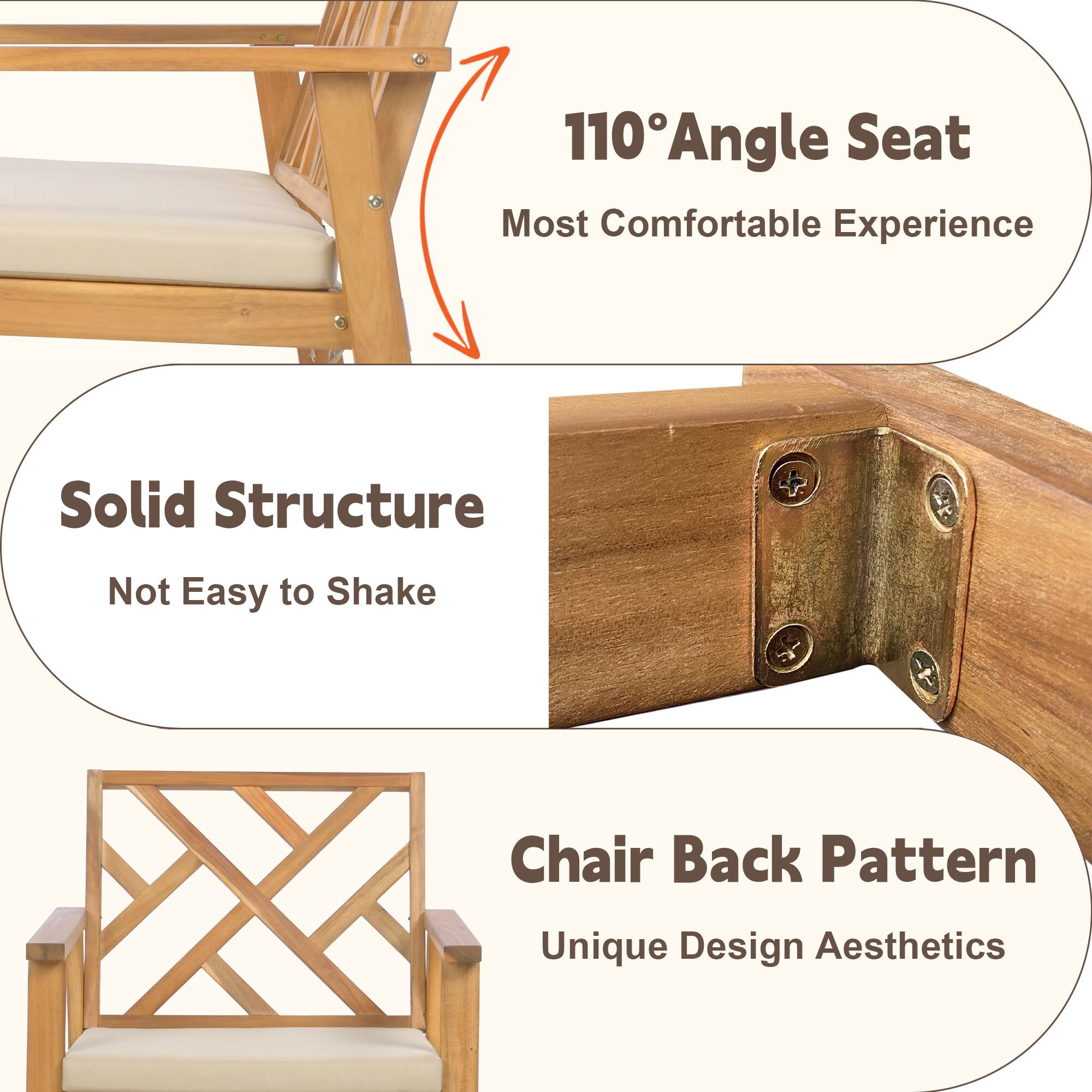 110° Angle Seat  
Most Comfortable Experience  

Solid Structure  
Not Easy to Shake  

Chair Back Pattern  
Unique Design Aesthetics