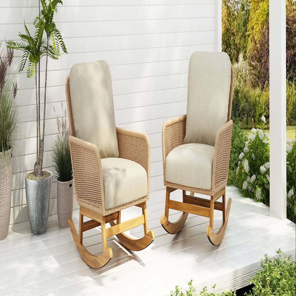 Angle. Loheer - Loheer Beige Wicker Rocking Chair Set with Cushions Wooden Frame Indoor Outdoor Patio Seating - Beige.