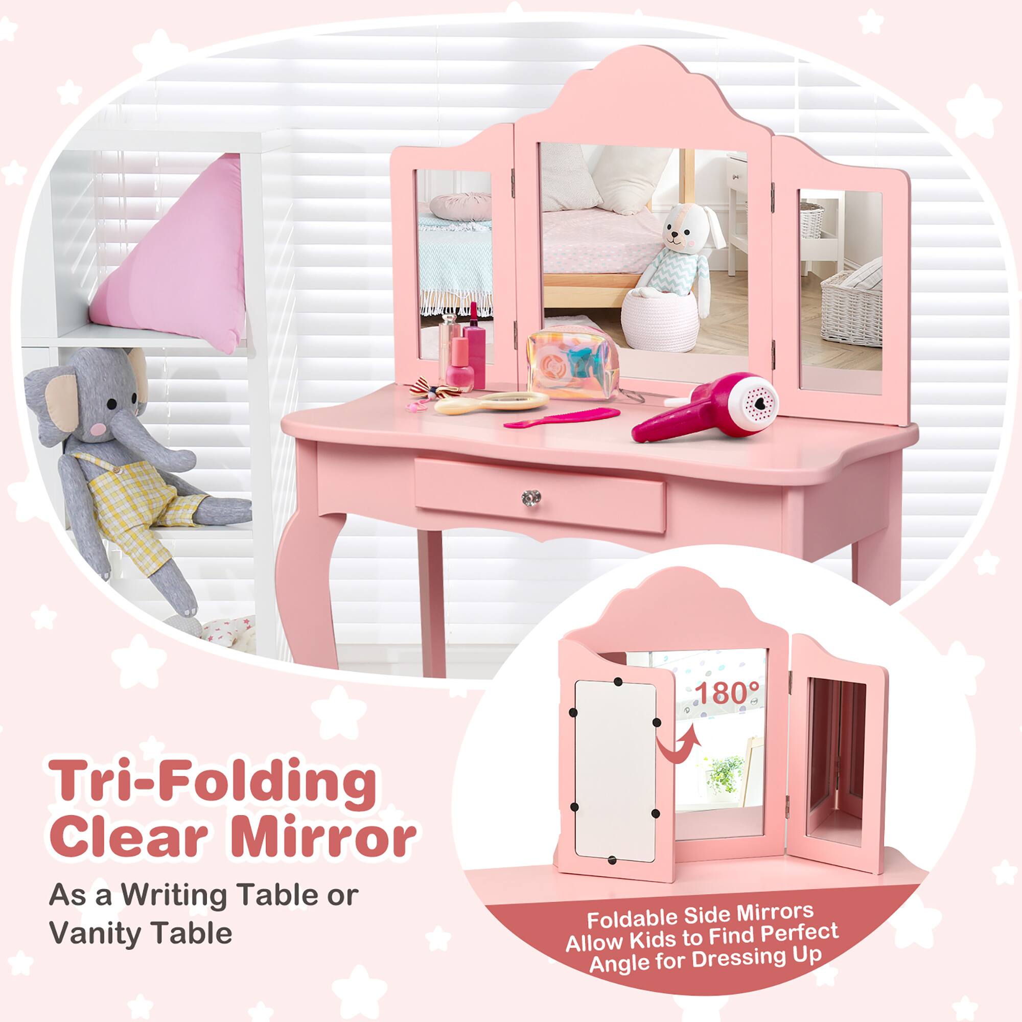Tri-Folding Clear Mirror, As a Writing Table or Vanity Table, Foldable Side Mirrors, Allow Kids to Find Perfect Angle for Dressing Up