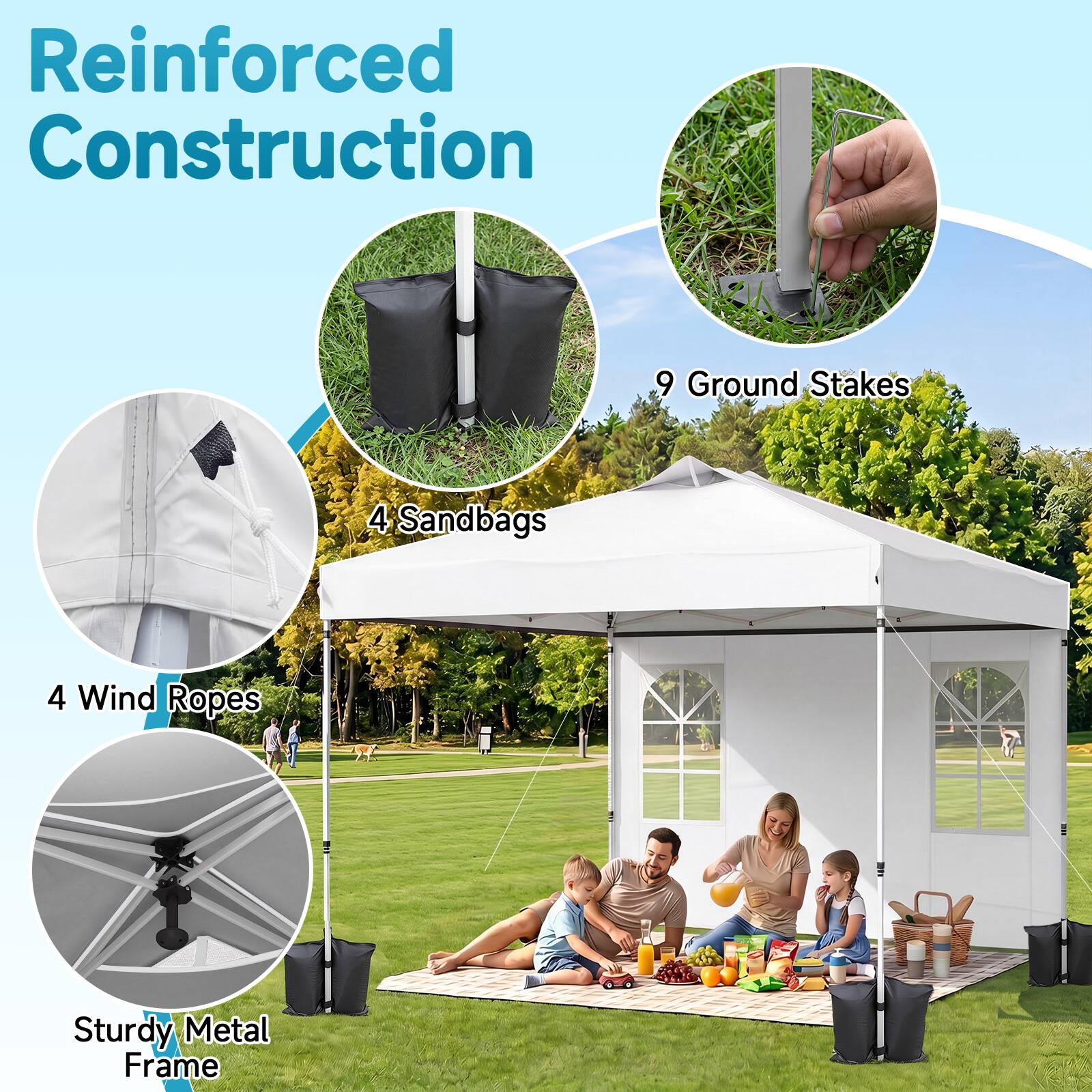 Reinforced Construction

- 9 Ground Stakes
- 4 Sandbags
- 4 Wind Ropes
- Sturdy Metal Frame