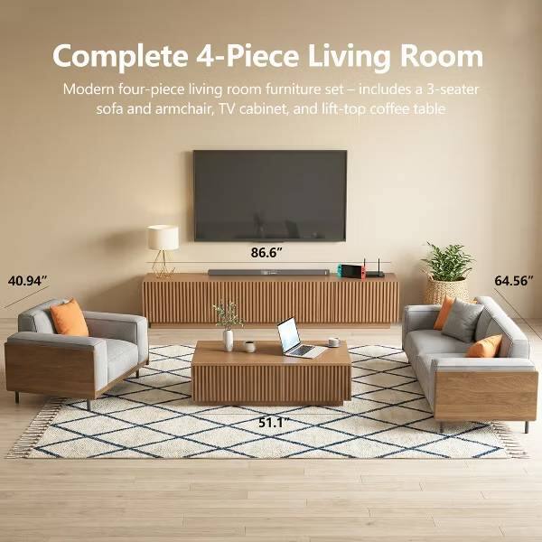 Complete 4-Piece Living Room  
Modern four-piece living room furniture set - includes a 3-seater sofa and armchair, TV cabinet, and lift-top coffee table  
86.6" x 40.94" x 64.56" x 51.1"