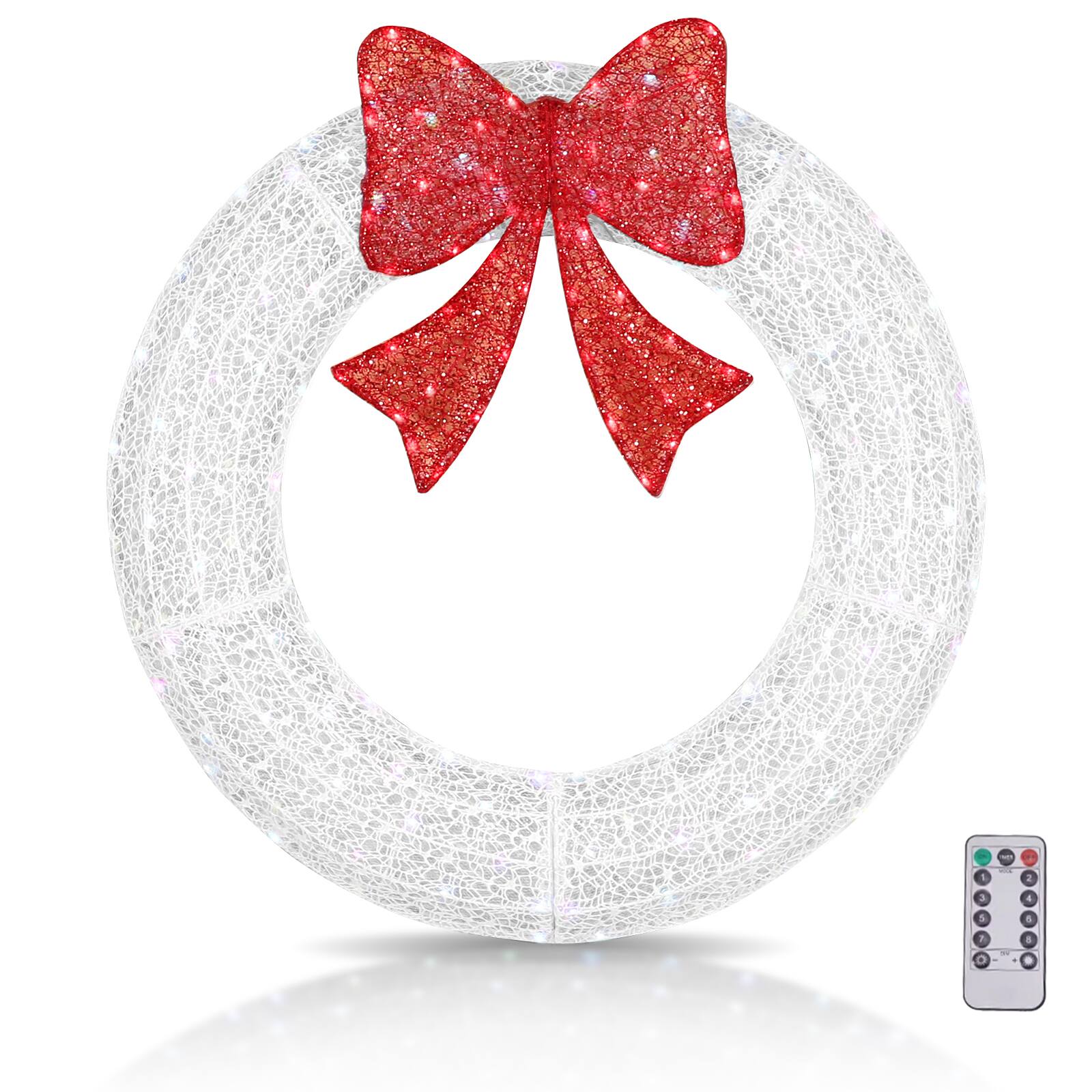 Winado - 36in Pre-Lit Christmas Wreath with Remote Control LED Lights, Bows for Doorway Indoor Outdoor Holiday Party Decoration - White/Red