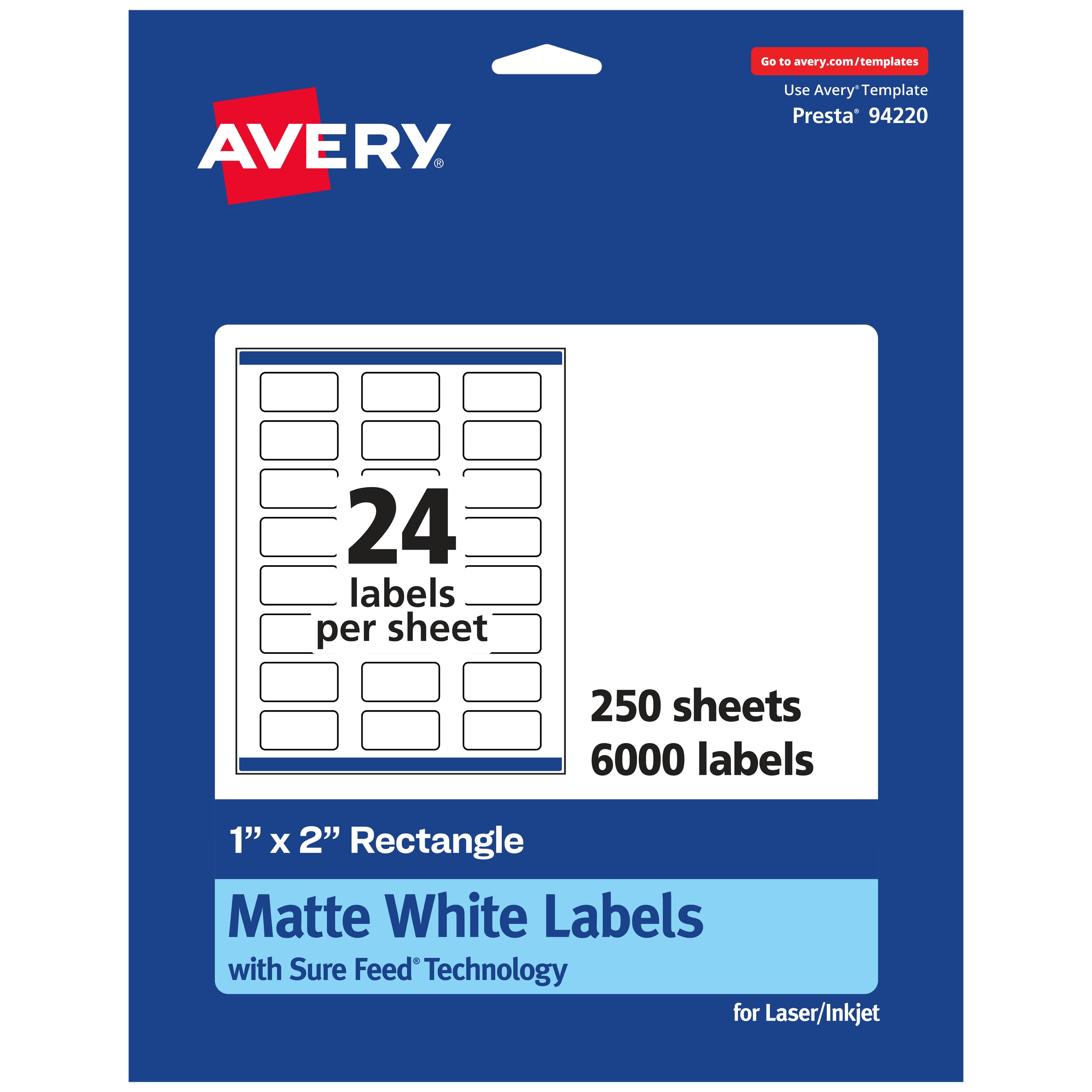 Avery - Matte Rectangle Labels, 1" x 2", 6,000 Labels - White