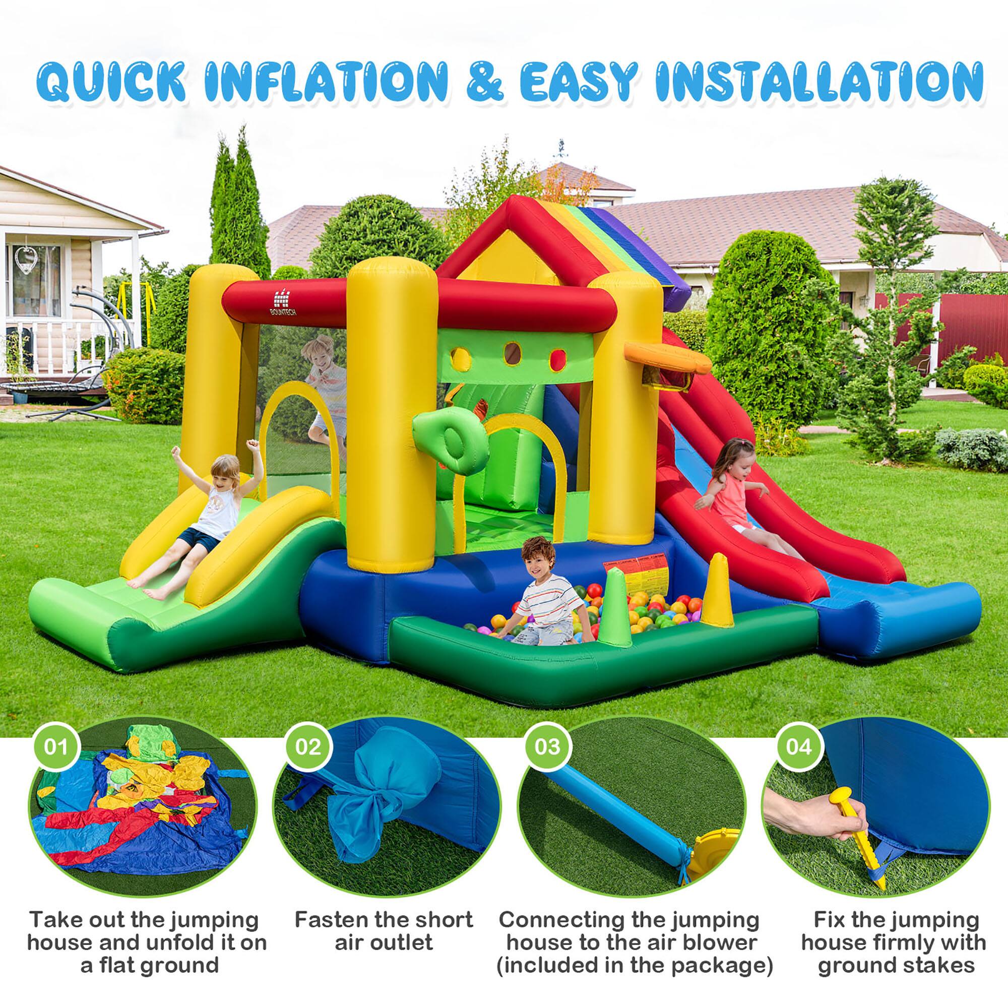 QUICK INFLATION & EASY INSTALLATION

01 Take out the jumping house and unfold it on a flat ground

02 Fasten the short air outlet

03 Connecting the jumping house to the air blower (included in the package)

04 Fix the jumping house firmly with ground stakes