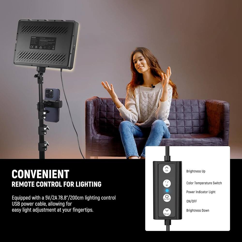 CONVENIENT REMOTE CONTROL FOR LIGHTING

Equipped with a 5V/2A 78.8"/200cm lighting control USB power cable, allowing for easy light adjustment at your fingertips.

- Brightness Up
- Color Temperature Switch
- Power Indicator Light
- ON/OFF
- Brightness Down