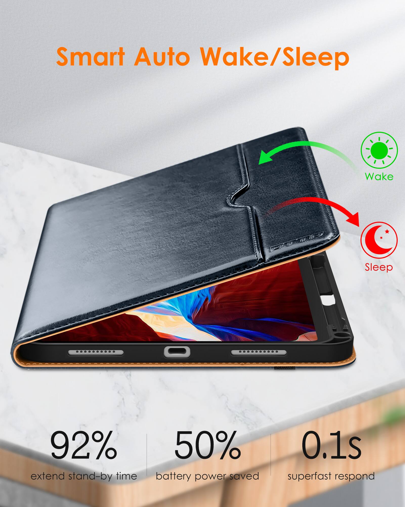 Smart Auto Wake/Sleep

- 92% extend stand-by time
- 50% battery power saved
- 0.1s superfast respond

Wake
Sleep