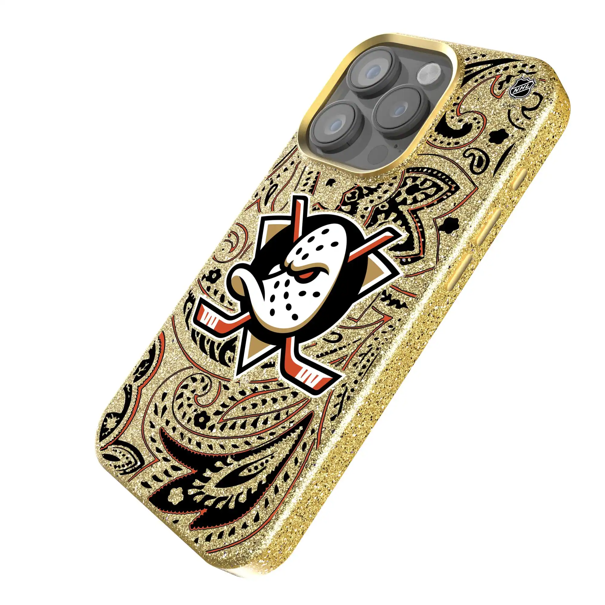 Alt View 1. Keyscaper - Gold Anaheim Ducks Paisley Bling iPhone Case - 14 Pro Max - Gold.