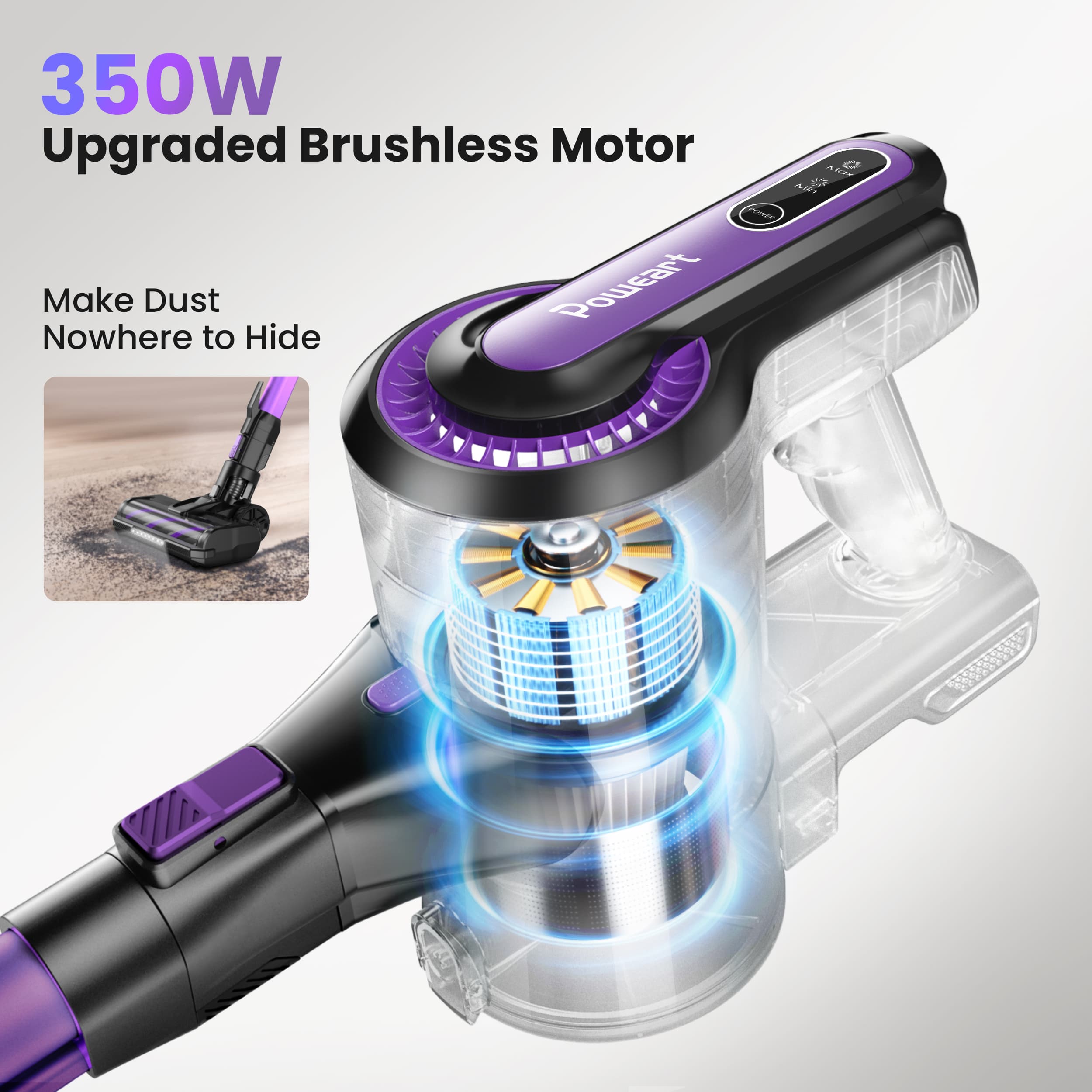 350W Upgraded Brushless Motor  
Make Dust Nowhere to Hide