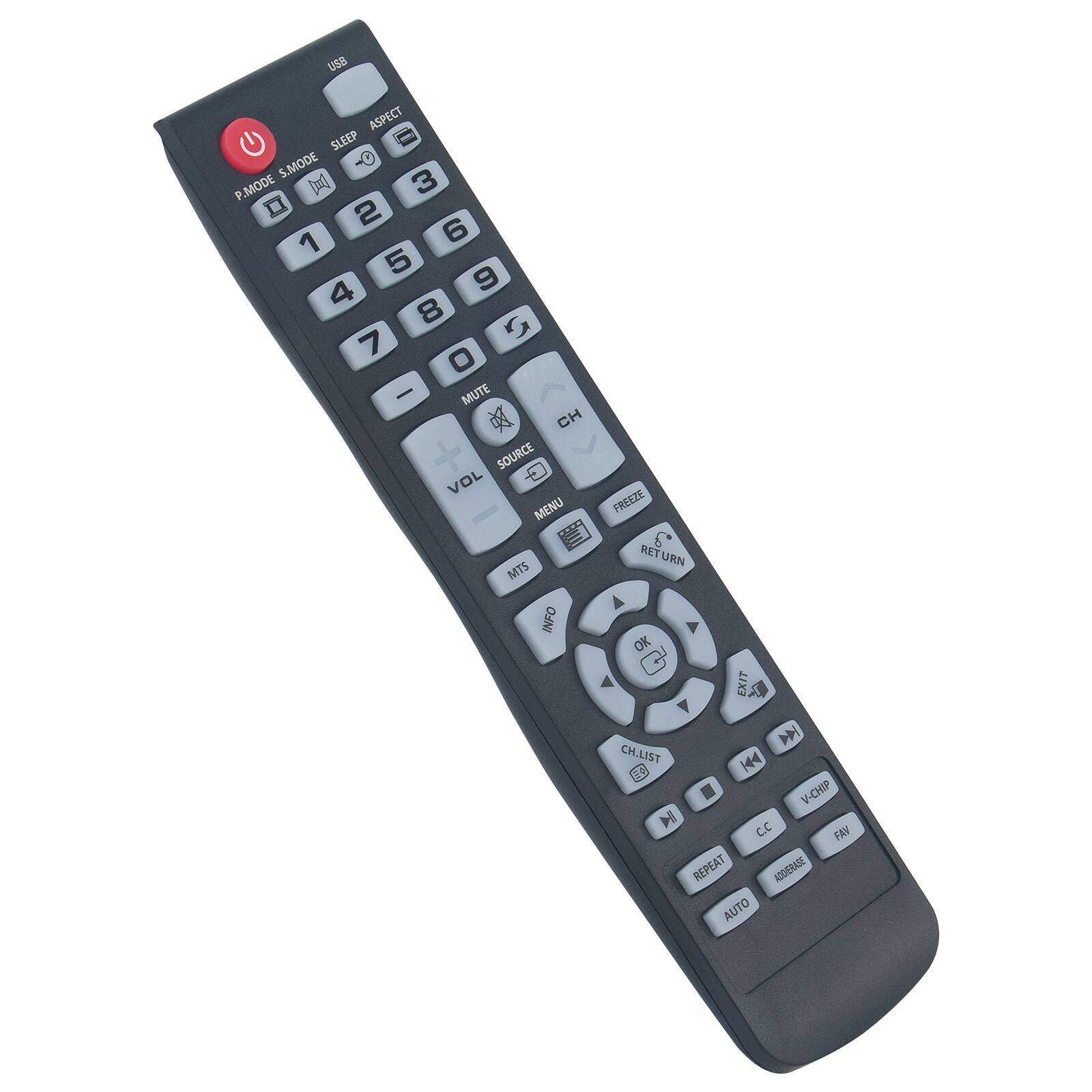 USB  
ASPECT  
SLEEP  
S.MODE  
P.MODE  
3  
2  
1  
6  
5  
4  
9  
8  
7  
0  
CH  
MUTE  
SOURCE  
VOL  
MENU  
FREEZE  
RETURN  
MTS  
INFO  
OK  
EXIT  
CH.LIST  
V-CHIP  
C.C  
FAV  
REPEAT  
ADDIERBAR  
AUTO