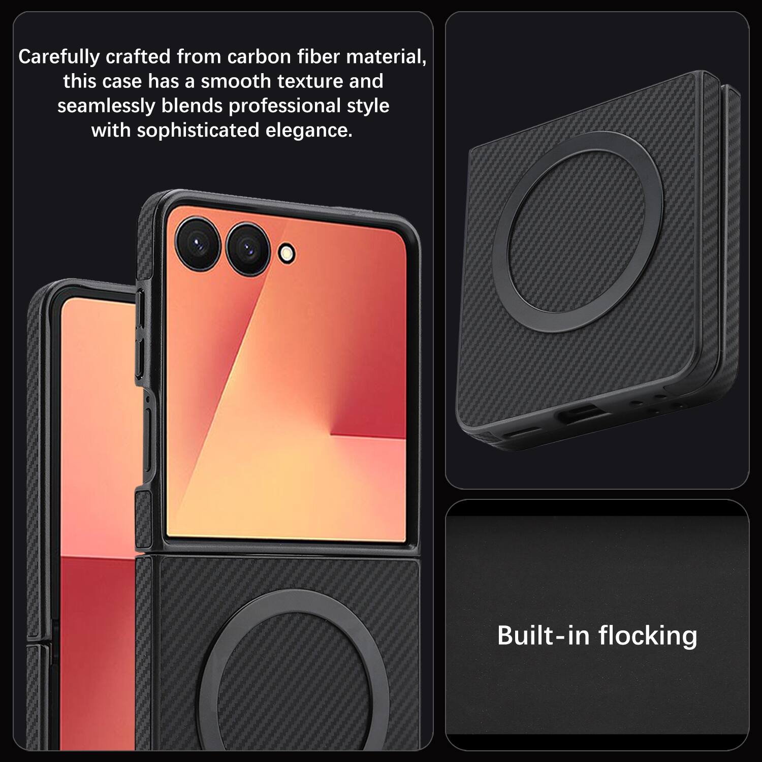 Carefully crafted from carbon fiber material, this case has a smooth texture and seamlessly blends professional style with sophisticated elegance. Built-in flocking