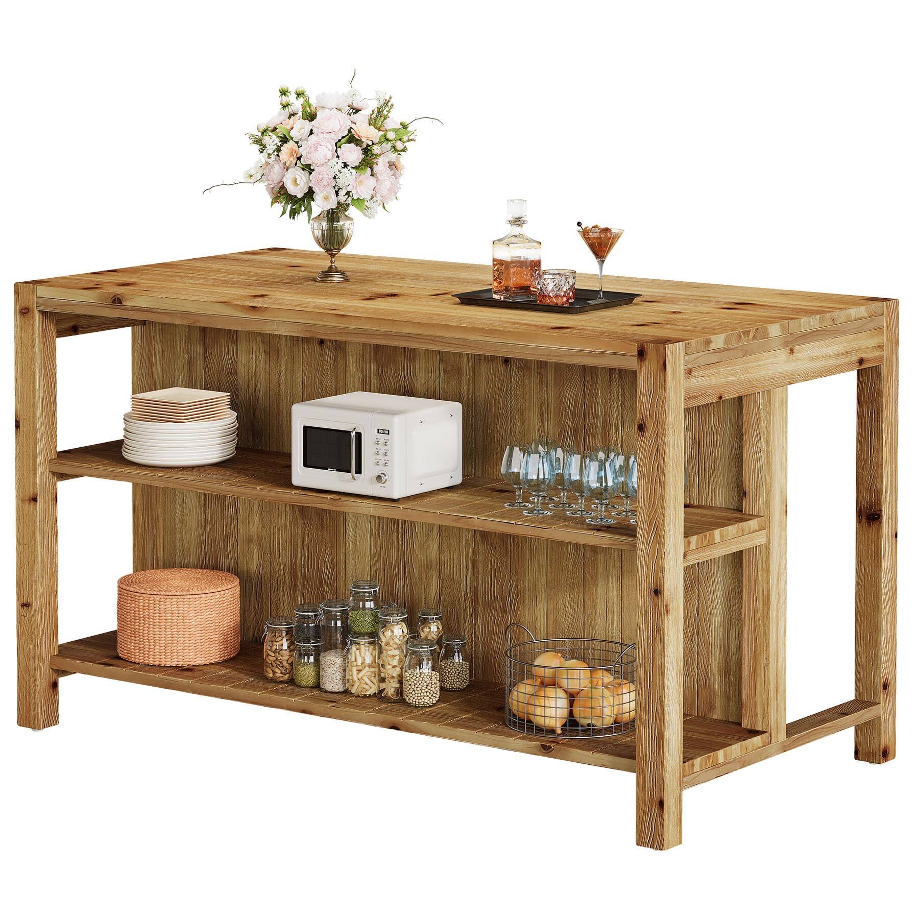 Alt View 5. Tribesigns - 59" Solid Wood Kitchen Island with 2 Open Storage Shelves - Brown.