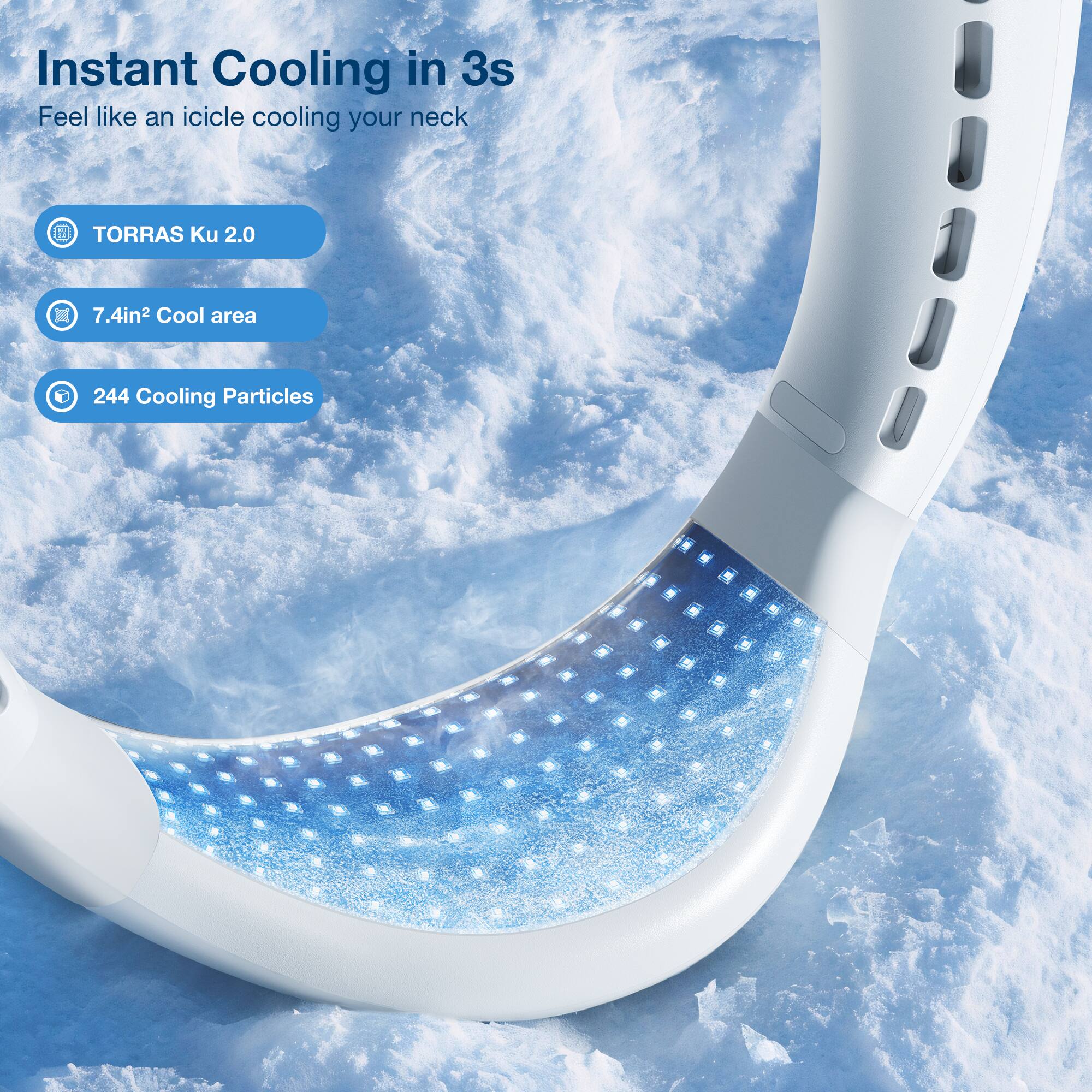 Instant Cooling in 3s Feel like an icicle cooling your neck TORRAS Ku 2.0 7.4in2 Cool area 244 Cooling Particles