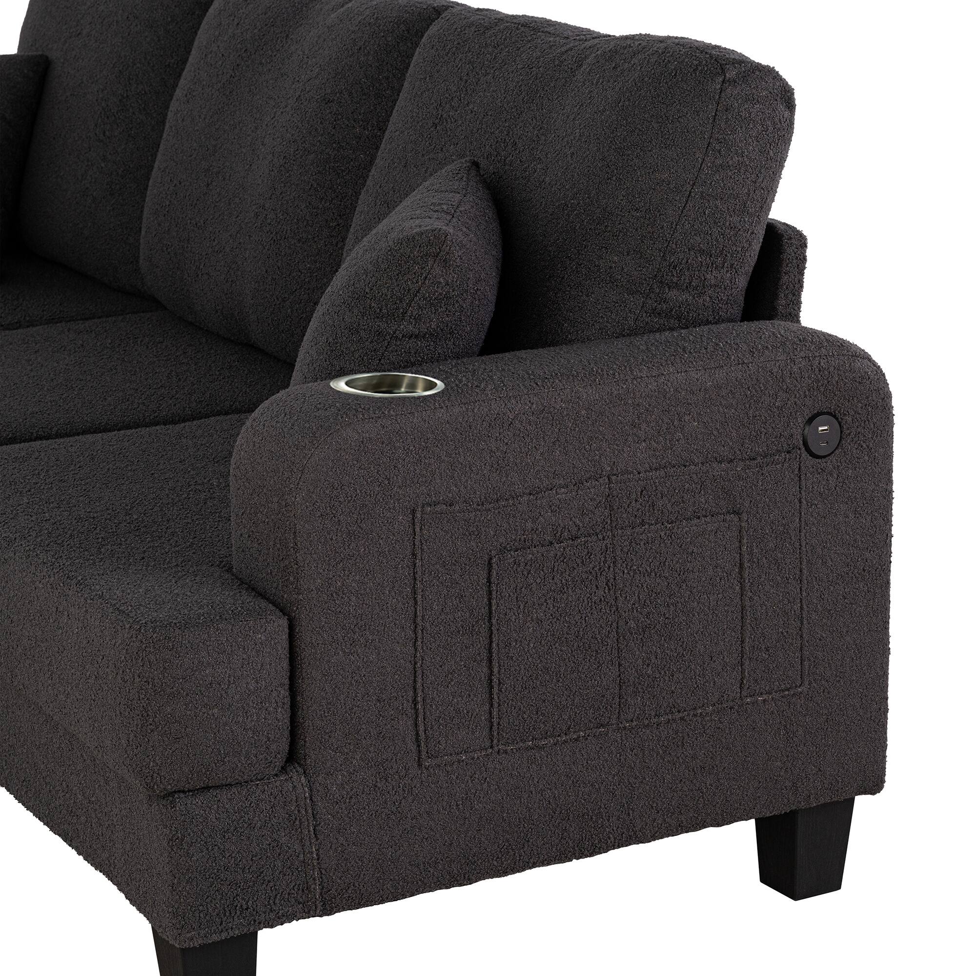 Angle. Vaczon - 3 Seater Sofa with USB Charging, 2 Cup Holders and 2 Throw Pillows Comfortable Living Room Couch for Relaxing - Charcoal black.