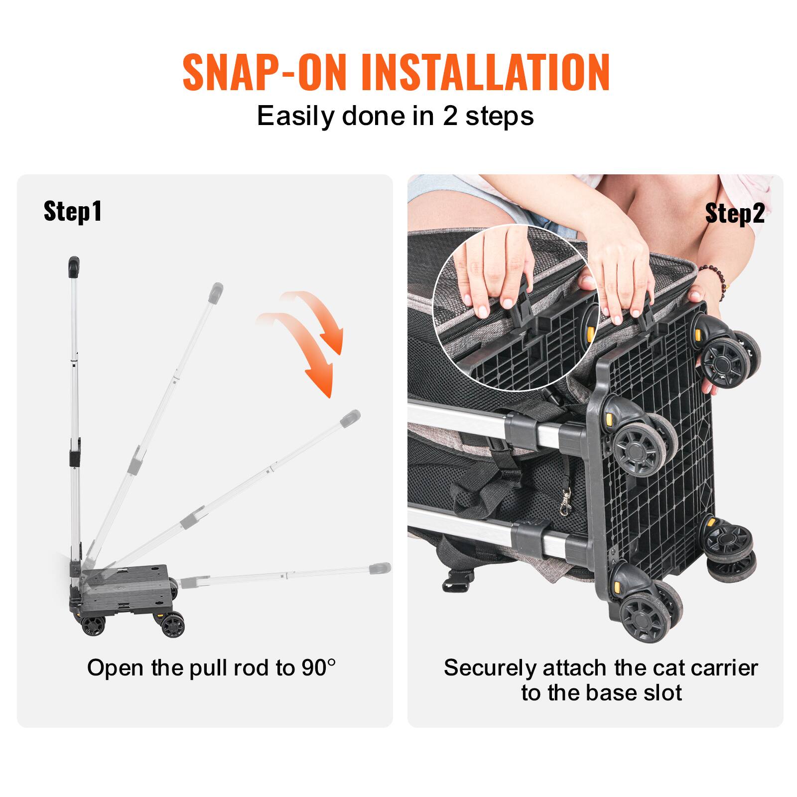 SNAP-ON INSTALLATION  
Easily done in 2 steps  

Step 1  
Open the pull rod to 90°  

Step 2  
Securely attach the cat carrier to the base slot