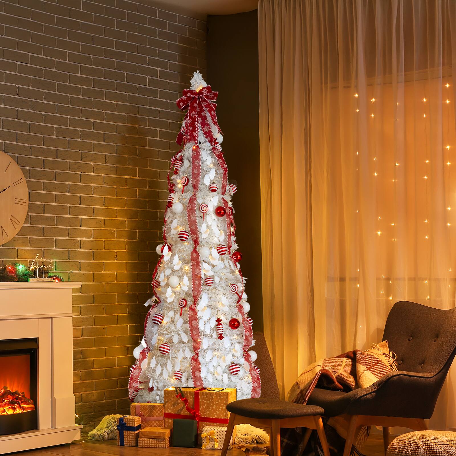 Alt View 9. VAVSEA - 7 FT Pre-Lit White Christmas Tree with 170 Warm Lights & Red Ornaments for Holiday Decor - White.