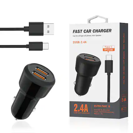 FAST CAR CHARGER
Use for all type cell phone, mini Speaker
2USB-2.4A
Type-C 5FT/2.4A
ULTRA FAST
2.4A
USB CAR CHARGING
Input: DC 12-24V 0.35A
Output: DC5V/2.4A (Max2.8A)
Material: PC
OUTRUT 2.4A
