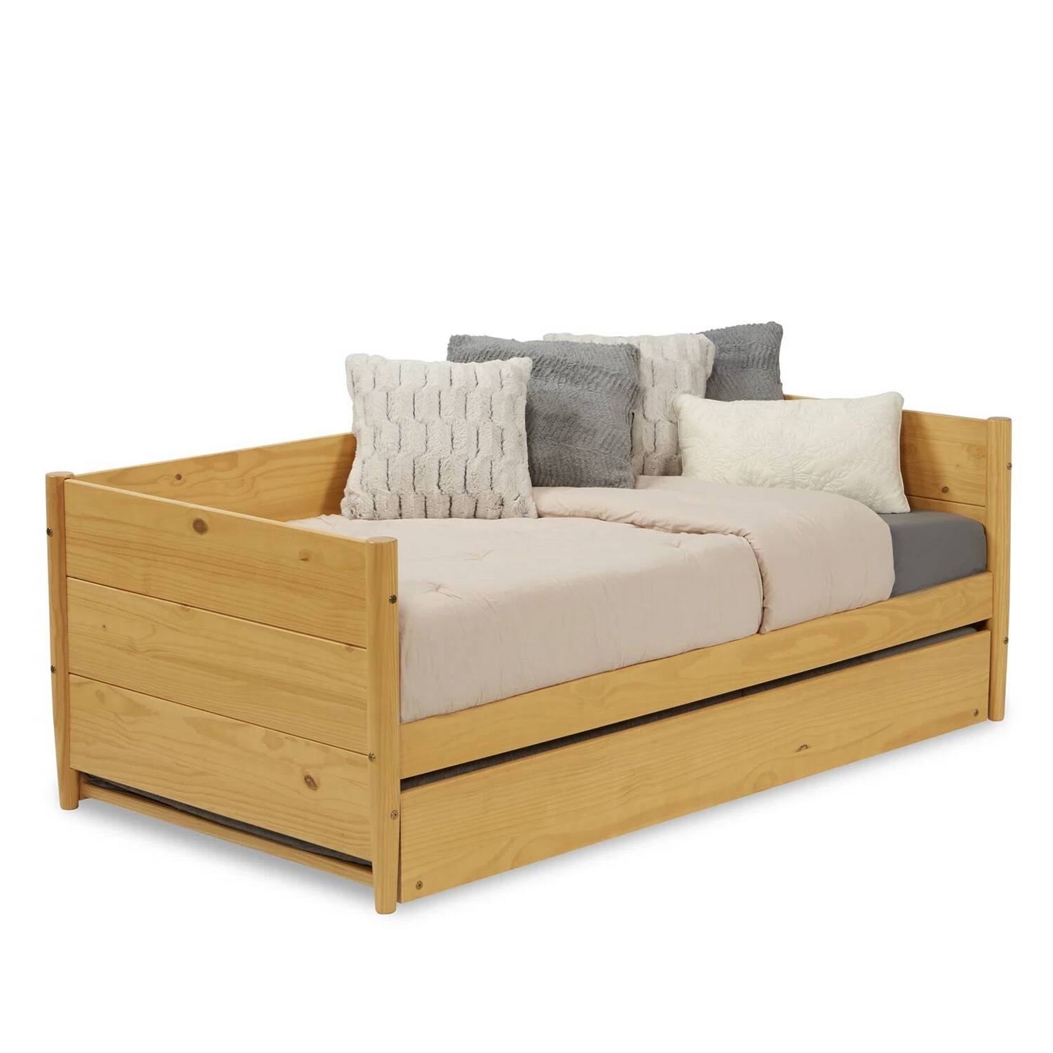 Angle. Hivvago - Hivvago Twin Solid Wood Daybed with Roll Out Trundle Bed Frame - Light Yellow Brown.