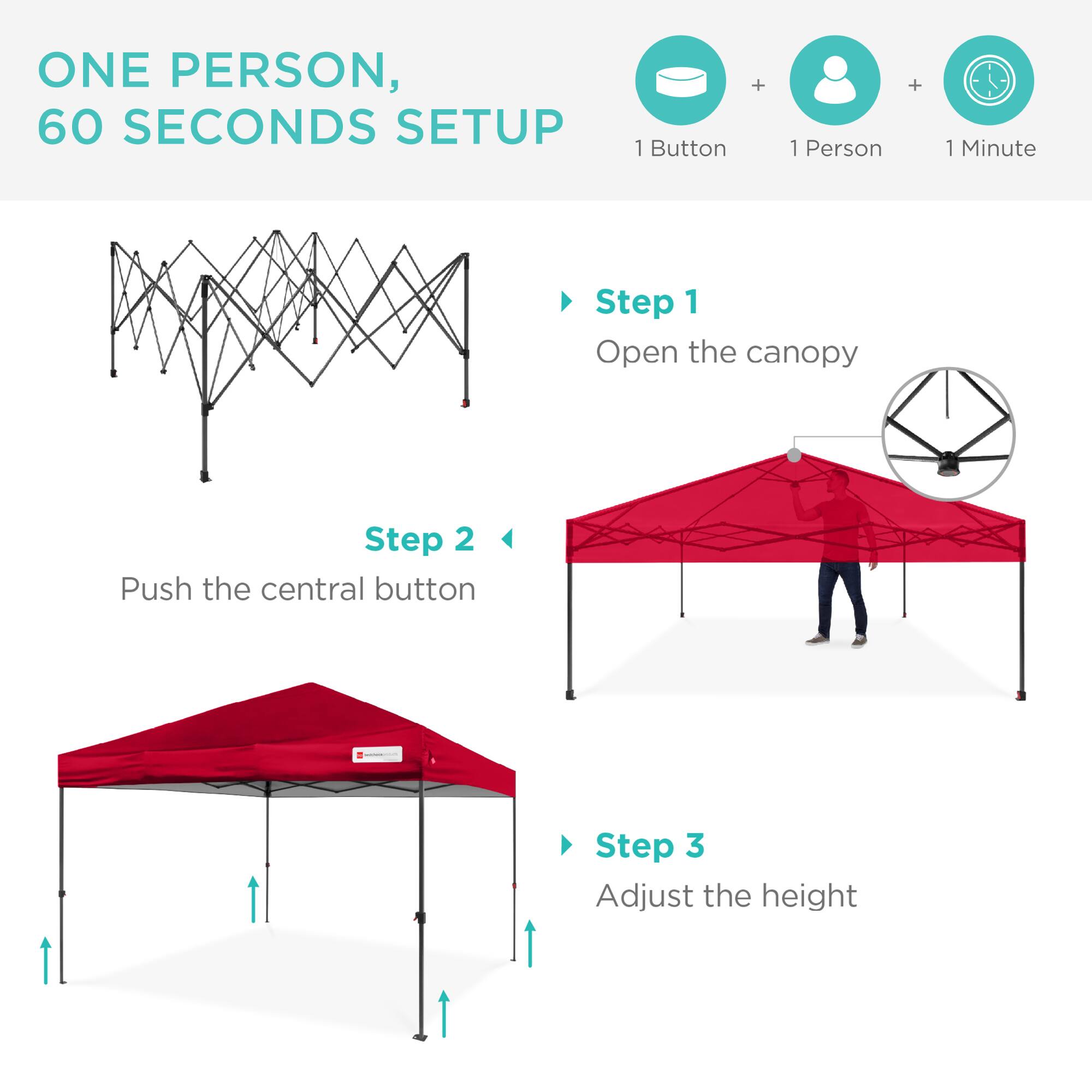 ONE PERSON, 60 SECONDS SETUP

1 Button + 1 Person + 1 Minute

Step 1
Open the canopy

Step 2
Push the central button

Step 3
Adjust the height