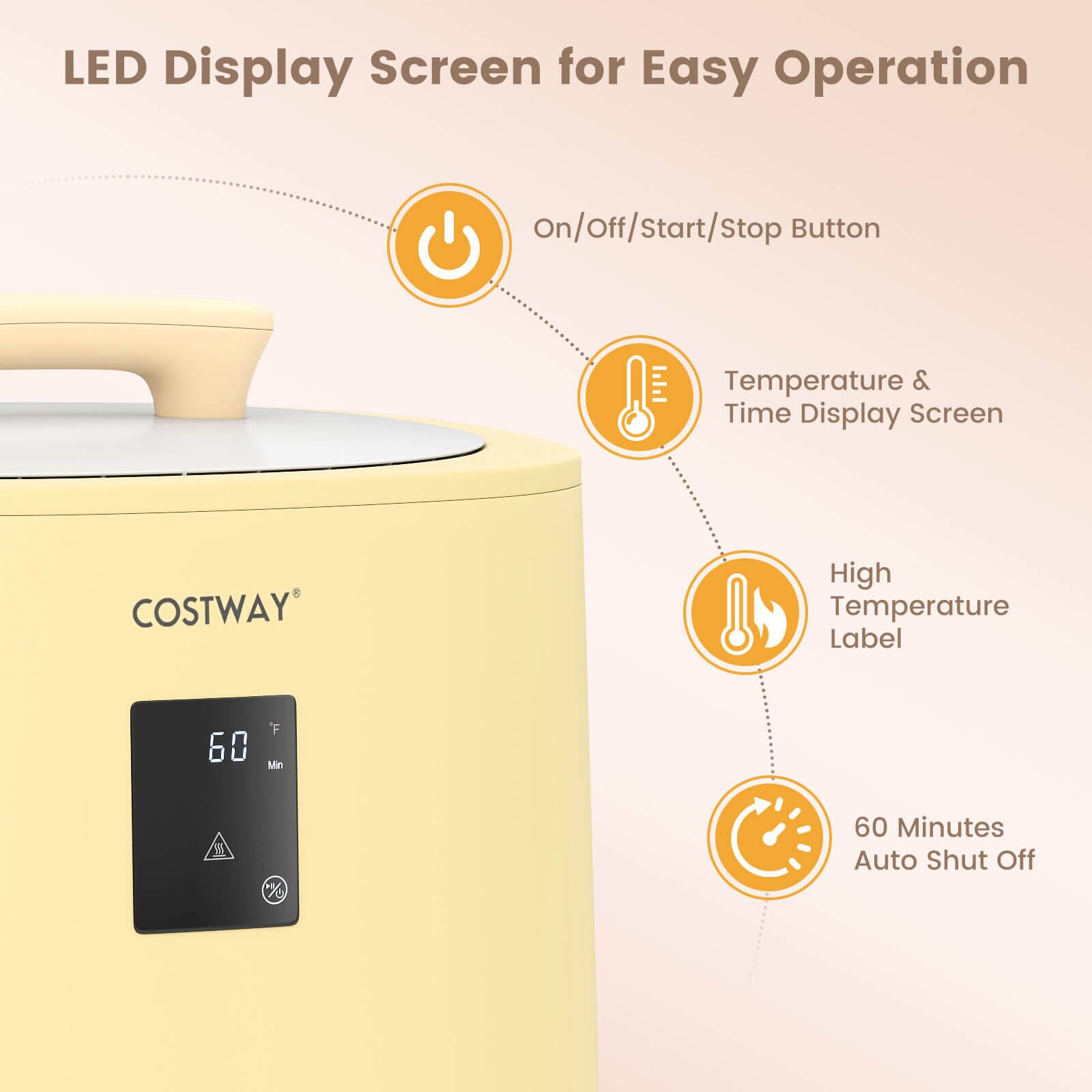 LED Display Screen for Easy Operation

- On/Off/Start/Stop Button
- Temperature & Time Display Screen
- High Temperature Label
- 60 Minutes Auto Shut Off

COSTWAY