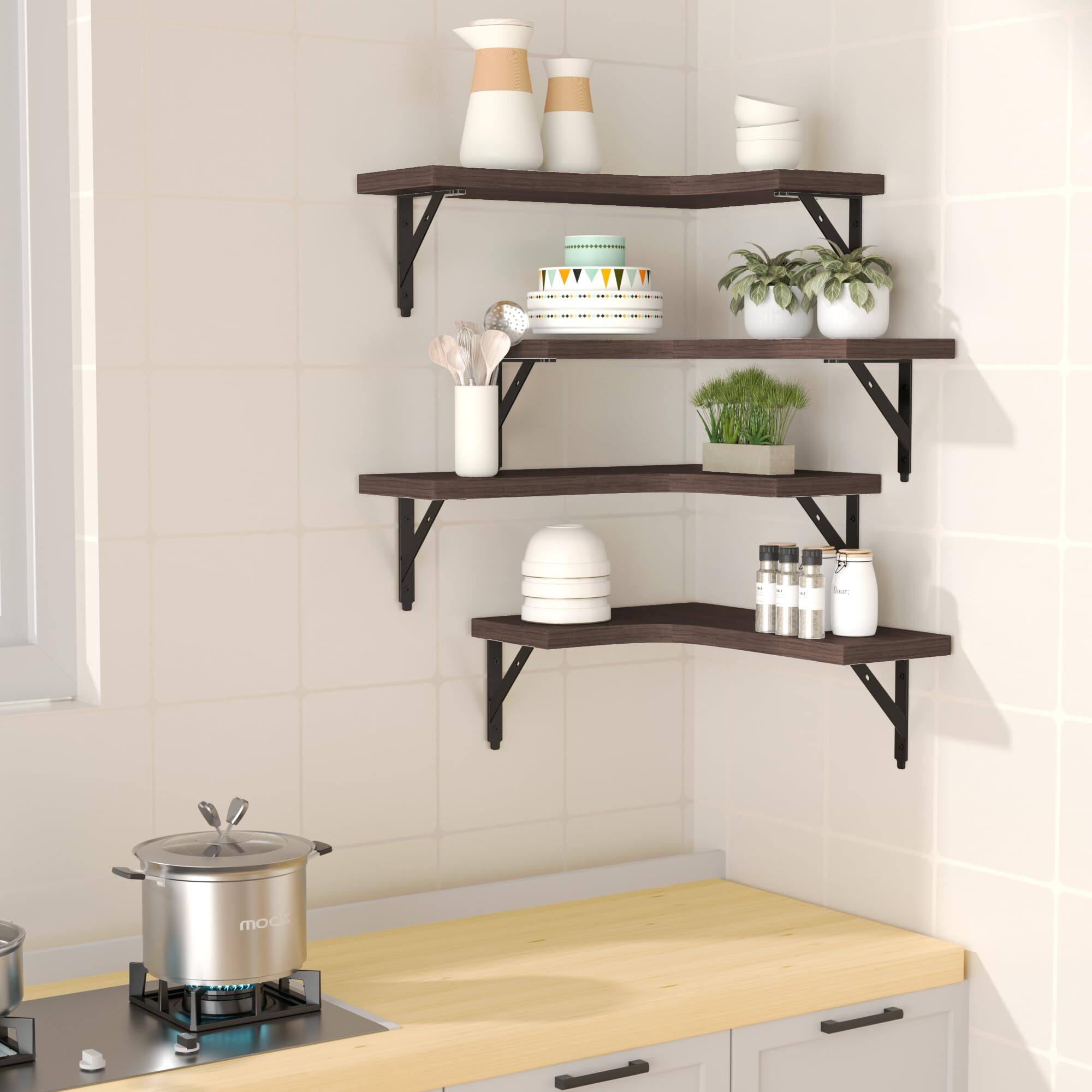 Angle. Dazzed Corner - Corner Floating Shelves Wall Mounted Set of 4 - Brown.