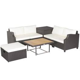 Kadyn - 7 Pcs Hand-Woven Wicker Outdoor Furniture Set with Acacia Wood Coffee Table- Patio Seating Conversation Set - White