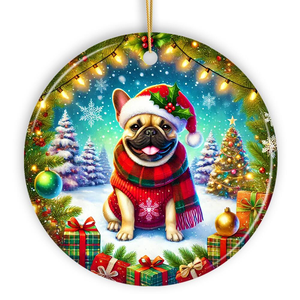 Front. OrnamentallyYou - Frosty French Bulldog Ornament Charming Pup Decoration for Magical Christmas Circle - Multi-colored.