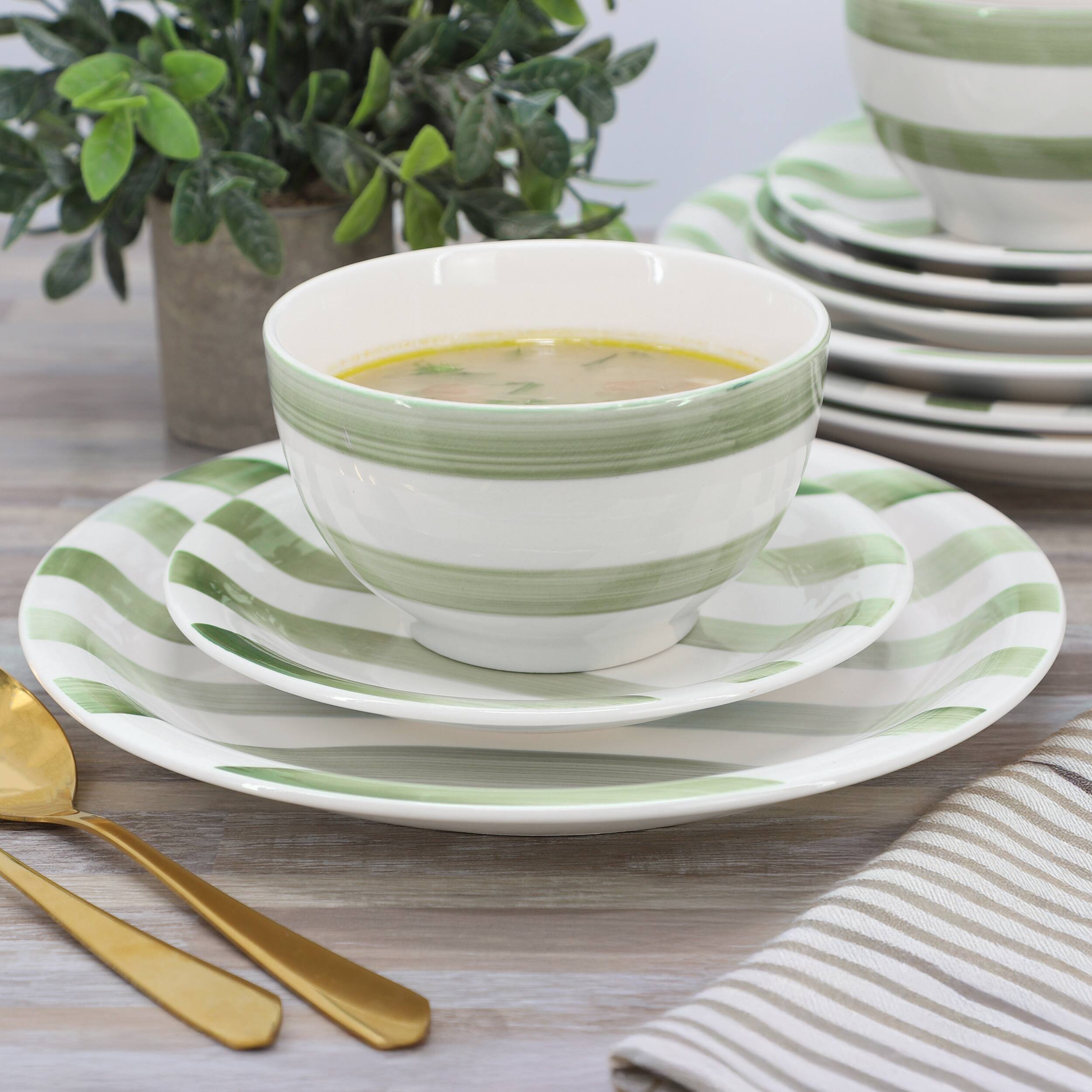 Alt View 6. Gibson - Gibson Home Kenwood Shores 12 Piece Stoneware Dinnerware Set in Green Stripe - Green Stripe.