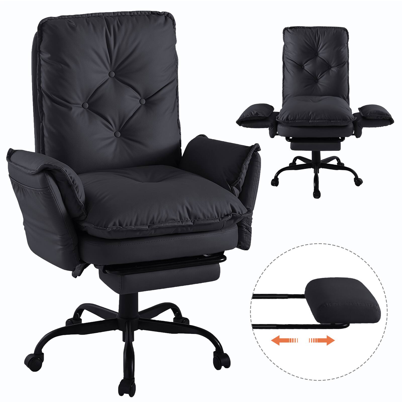 Alt View 2. Bestier - Cross Legged Executive Office Chair, Velvet Ergonomic Desk Chair with Flip-Up Arms, Retractable Footrest & Side Pockets - Black PU Leather.