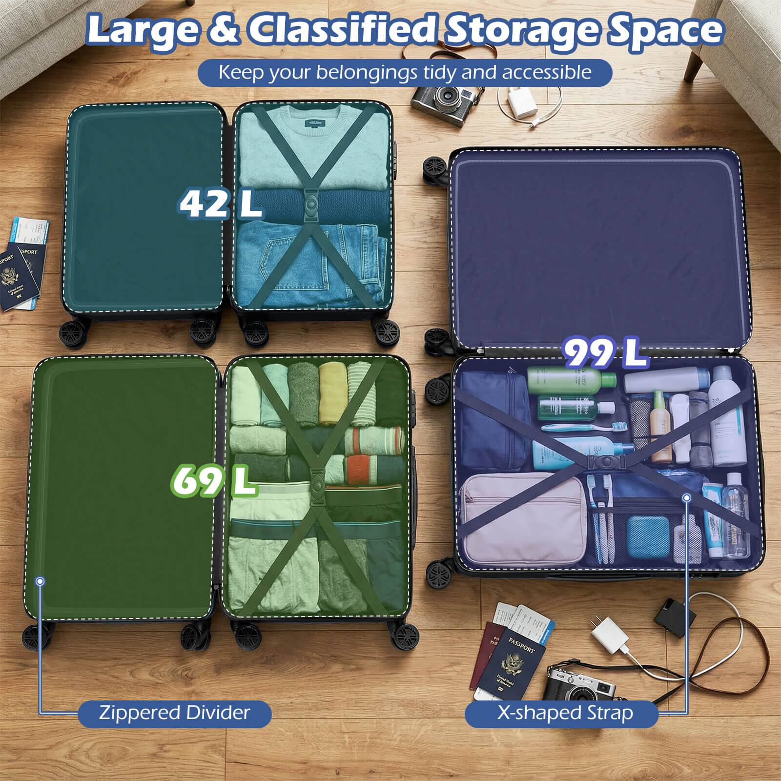 Large & Classified Storage Space  
Keep your belongings tidy and accessible  

42 L  
69 L  
99 L  

Zippered Divider  
X-shaped Strap