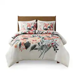 Gracie Mills - 3-Piece Modern Floral Print Cotton Duvet Cover Set - Peach/Off-White