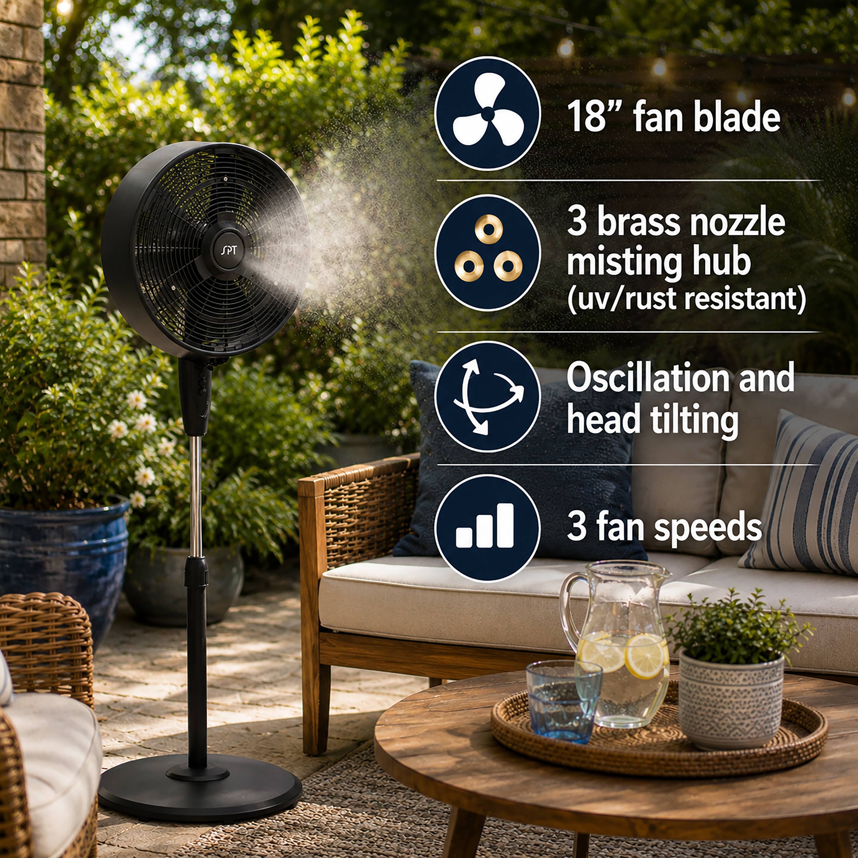 18" fan blade  
3 brass nozzle misting hub (uv/rust resistant)  
Oscillation and head tilting  
3 fan speeds