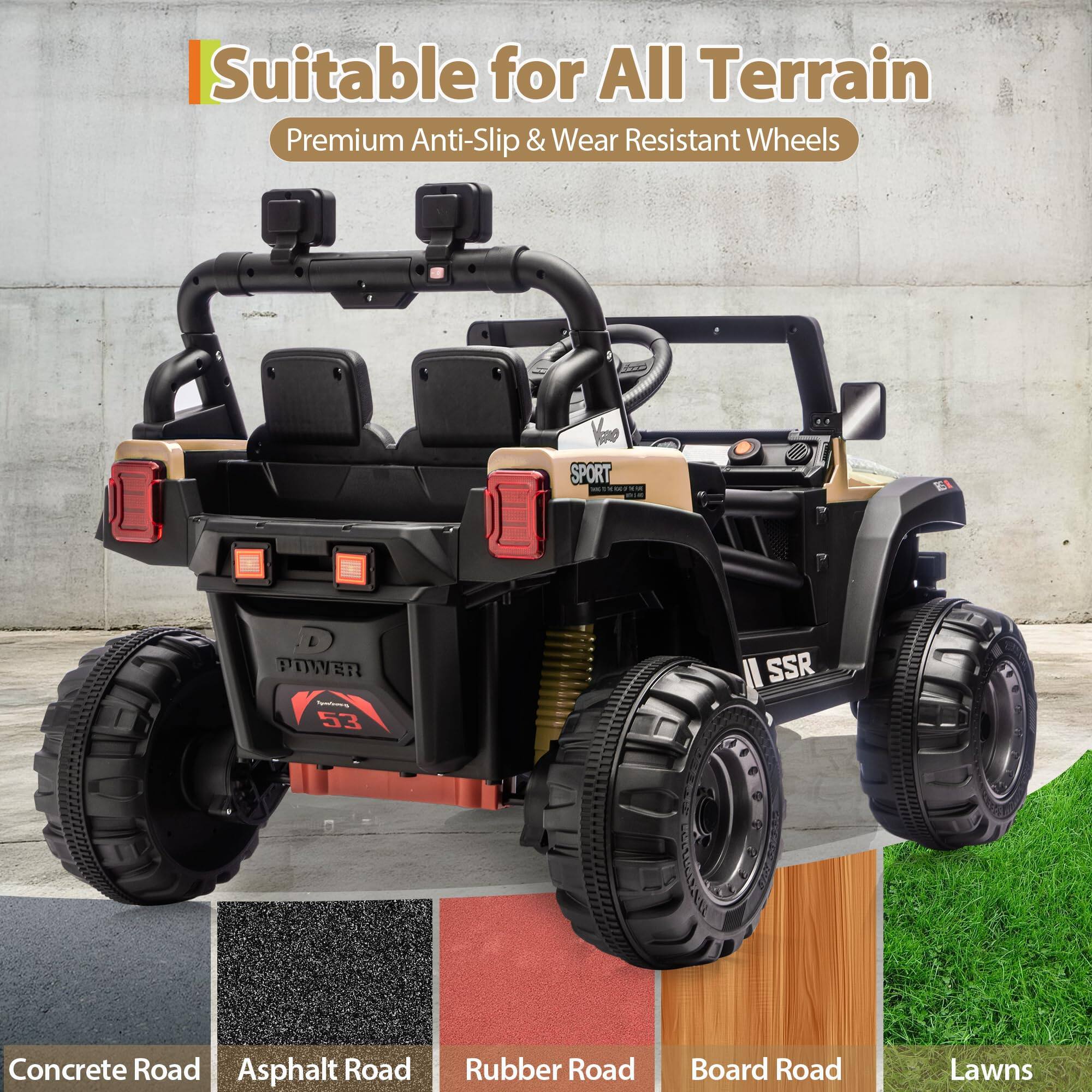 Suitable for All Terrain  
Premium Anti-Slip & Wear Resistant Wheels  

Concrete Road  
Asphalt Road  
Rubber Road  
Board Road  
Lawns