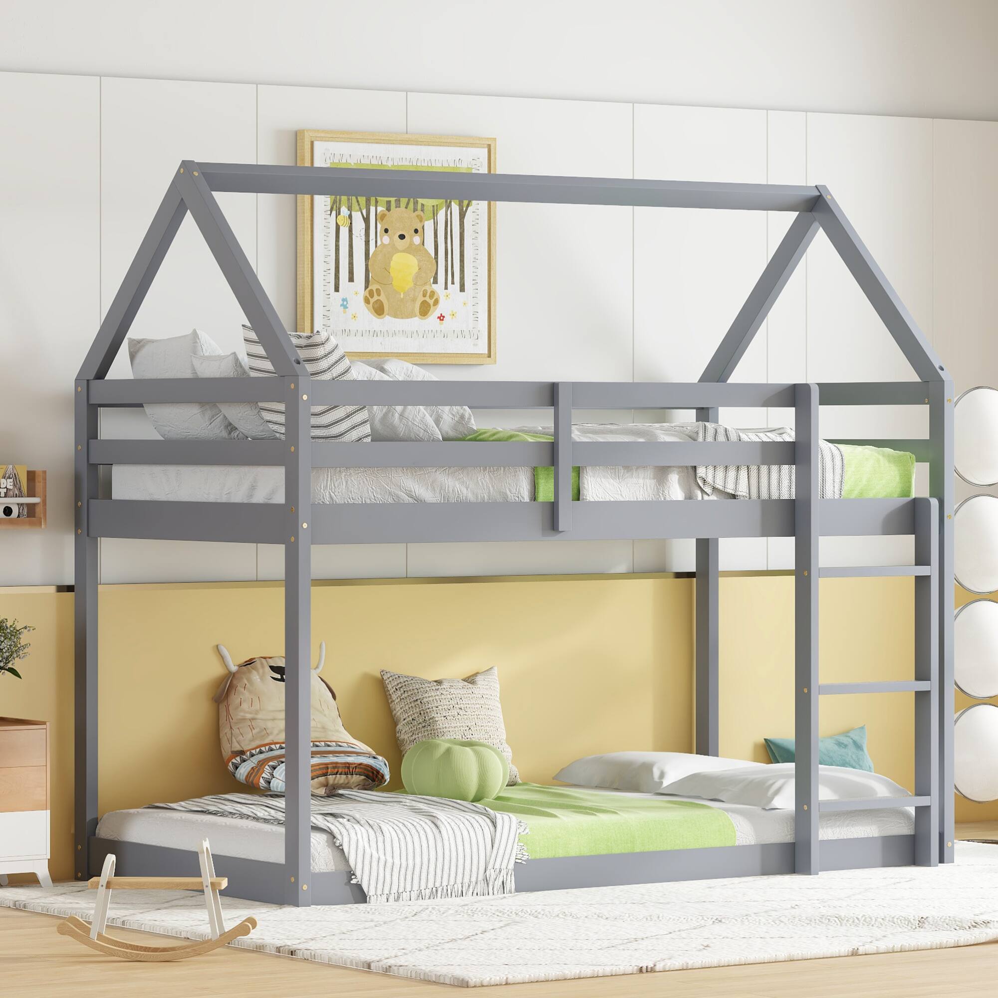 Alt View 5. GOODSILO - House-Shaped Twin Over Twin Rubber Wood Bunk Bed with Ladder and Guardrails for Kids - Grey.