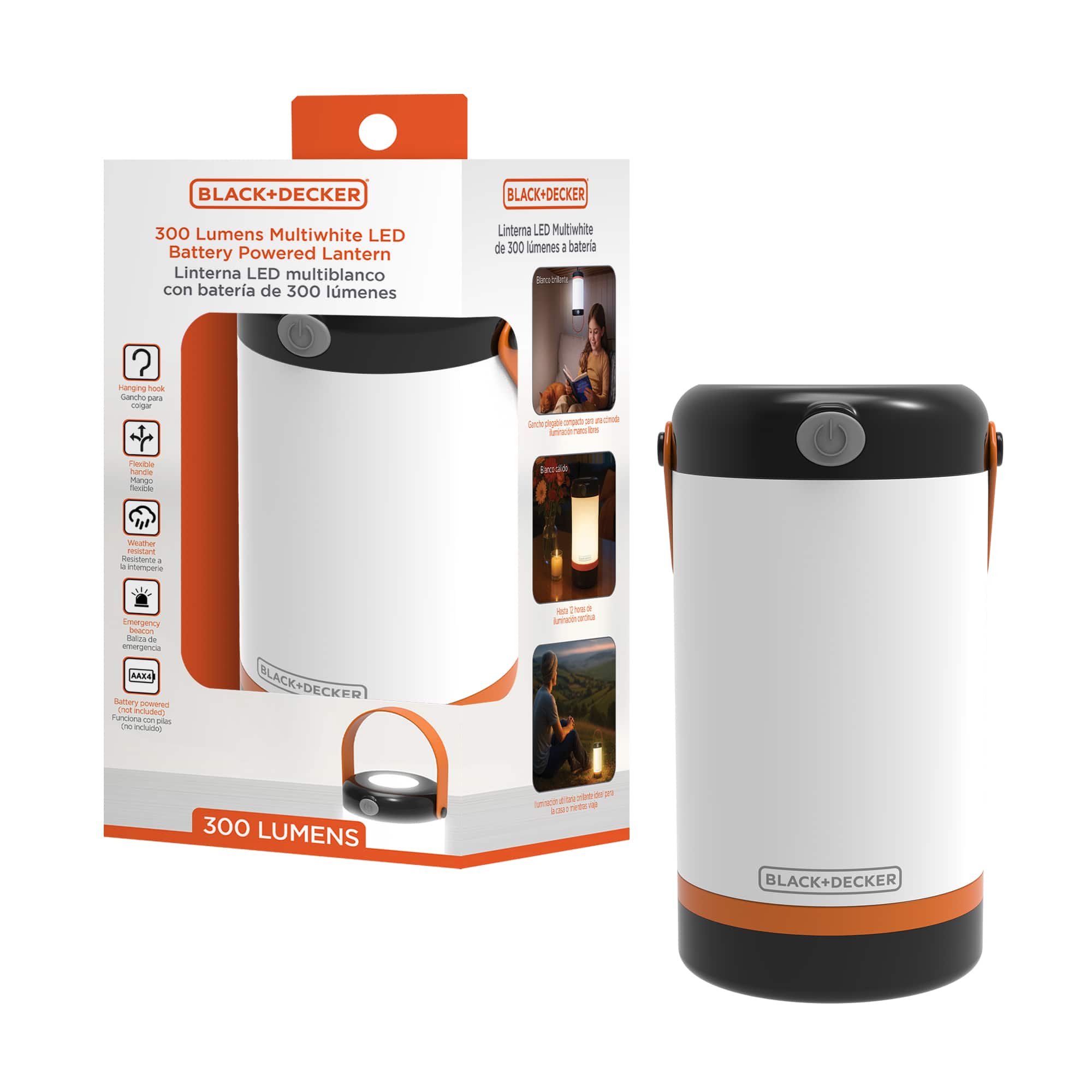 Black+Decker - LED Camping Lantern, 300 Lumen Battery Powered Emergency Lantern, SOS Beacon, Dimmable Warm & Cool Light - White