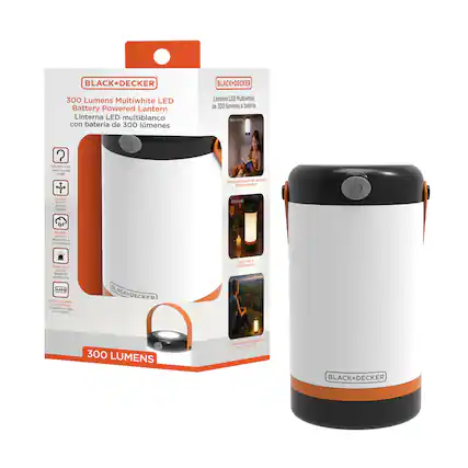 BLACK+DECKER
300 Lumens Multiwhite LED Battery Powered Lantern
Linterna LED multiblanco con batería de 300 lúmenes
Linterna LED Multiwhite de 300 lúmenes - batería
2 Hanging hook Ganchos para colgar
21 diencia
Rexible handle Mango flexible
Weather resistant Resistente a la intemperie
Emergency beacon Baliza de emergencia (no incluido)
Fundona con pilas (no incluido)
BLACK+DECKER
ilunracion.com
300 LUMENS
de 29 lummacin ditata.com/ententer.pro Umacin 1904 78