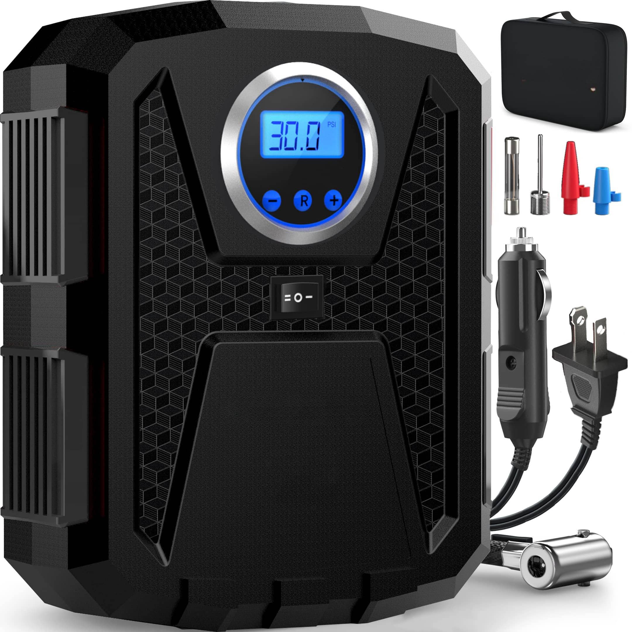 JETRANSPORT - Tire Inflator Portable Air Compressor Pump For Car Tires And Bikes W/auto Shut Off 150 Psi 12v Dc Led Light - Black 110V AC/DC