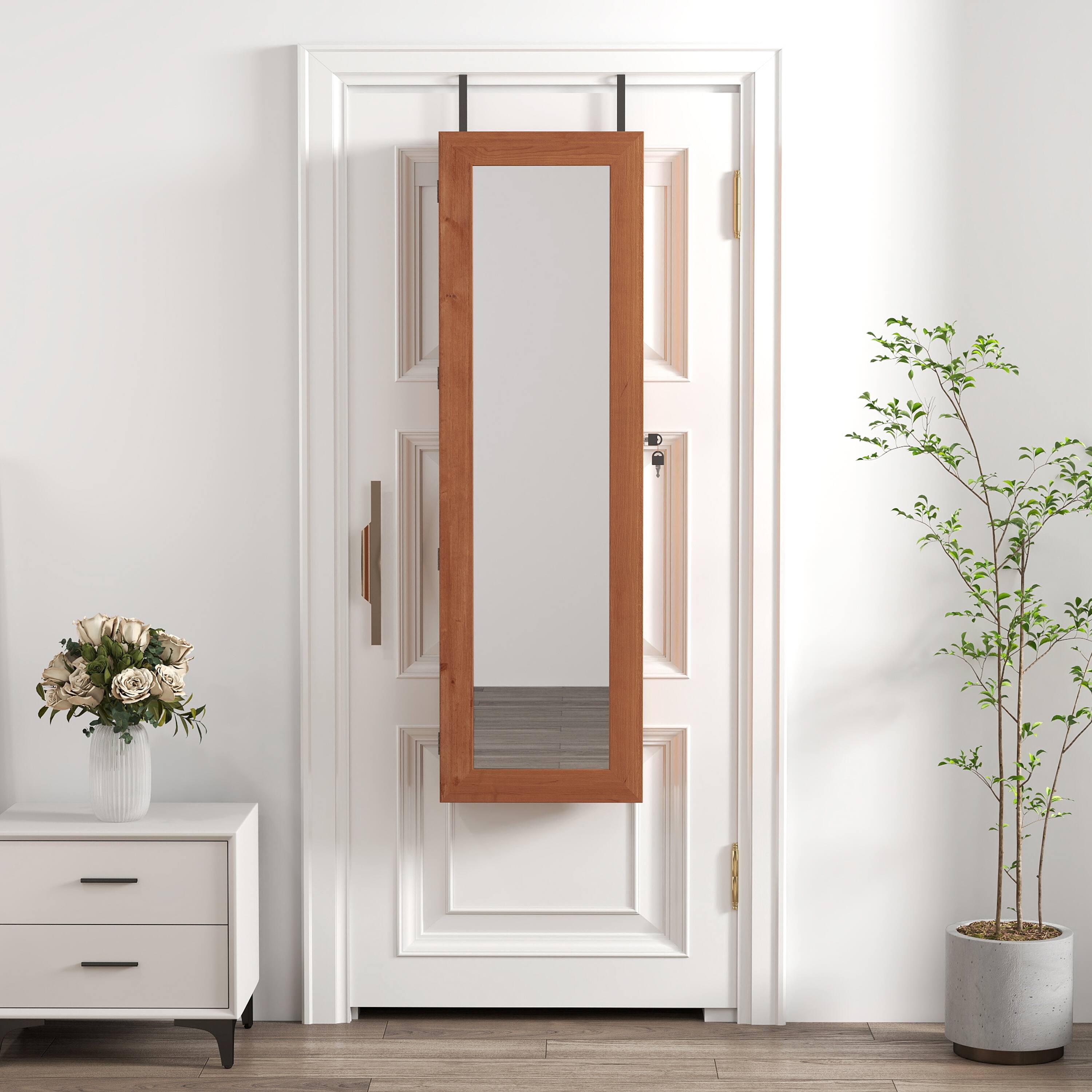 Alt View 6. Ecooso - Solid Wood Jewelry Cabinet Organizer with Full-Length Mirror, Wall-Mounted Lockable Design - Brown.