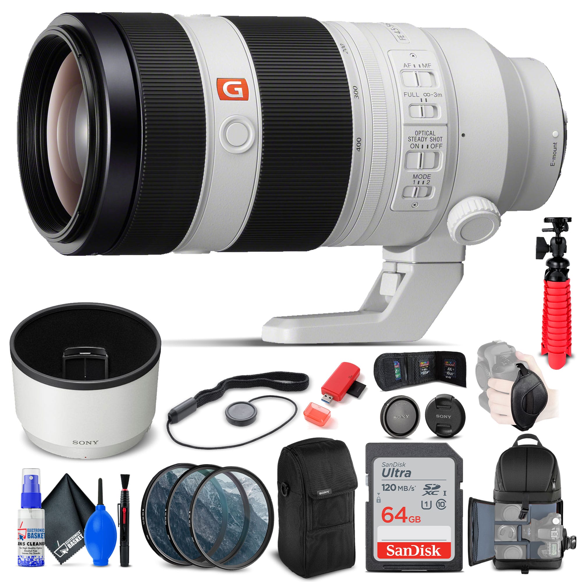 Sony - FE 100-400mm f/4.5-5.6 GM OSS Lens + Filters + BackPack + 64GB Card + More - Black