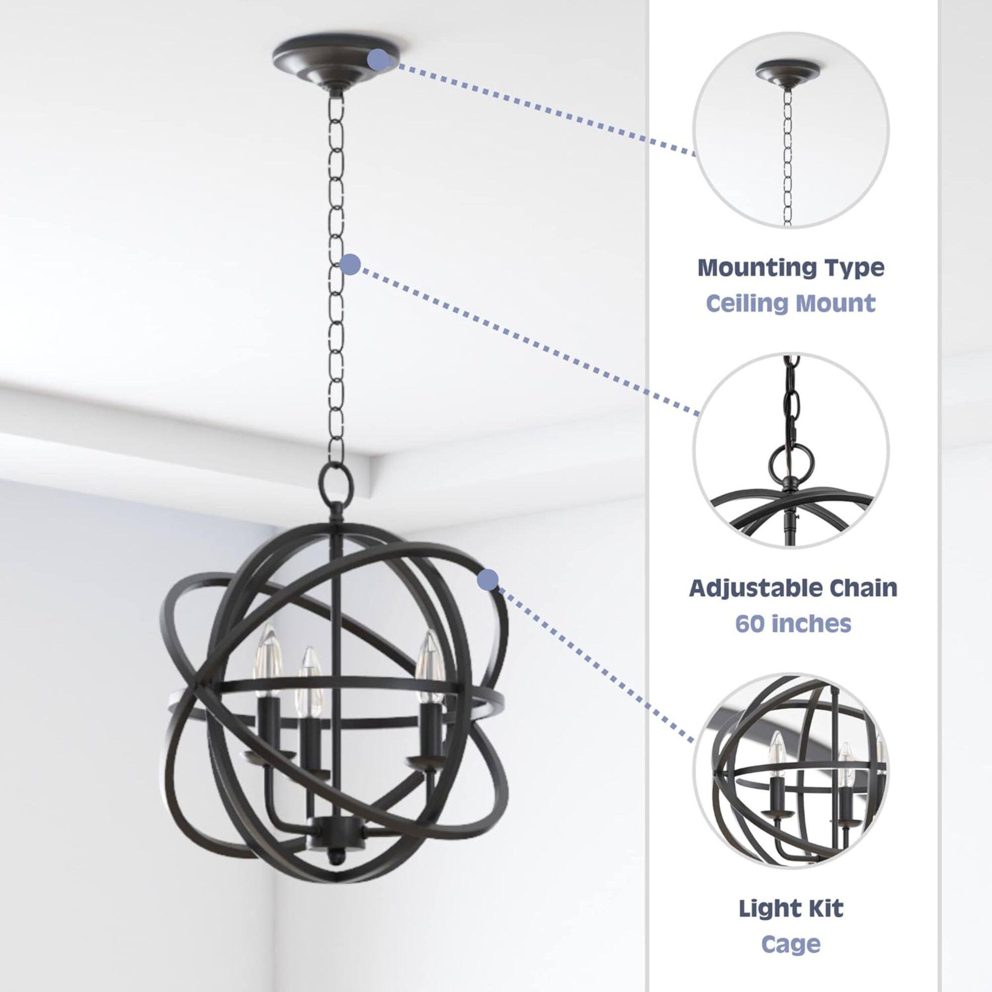 Mounting Type: Ceiling Mount  
Adjustable Chain: 60 inches  
Light Kit: Cage