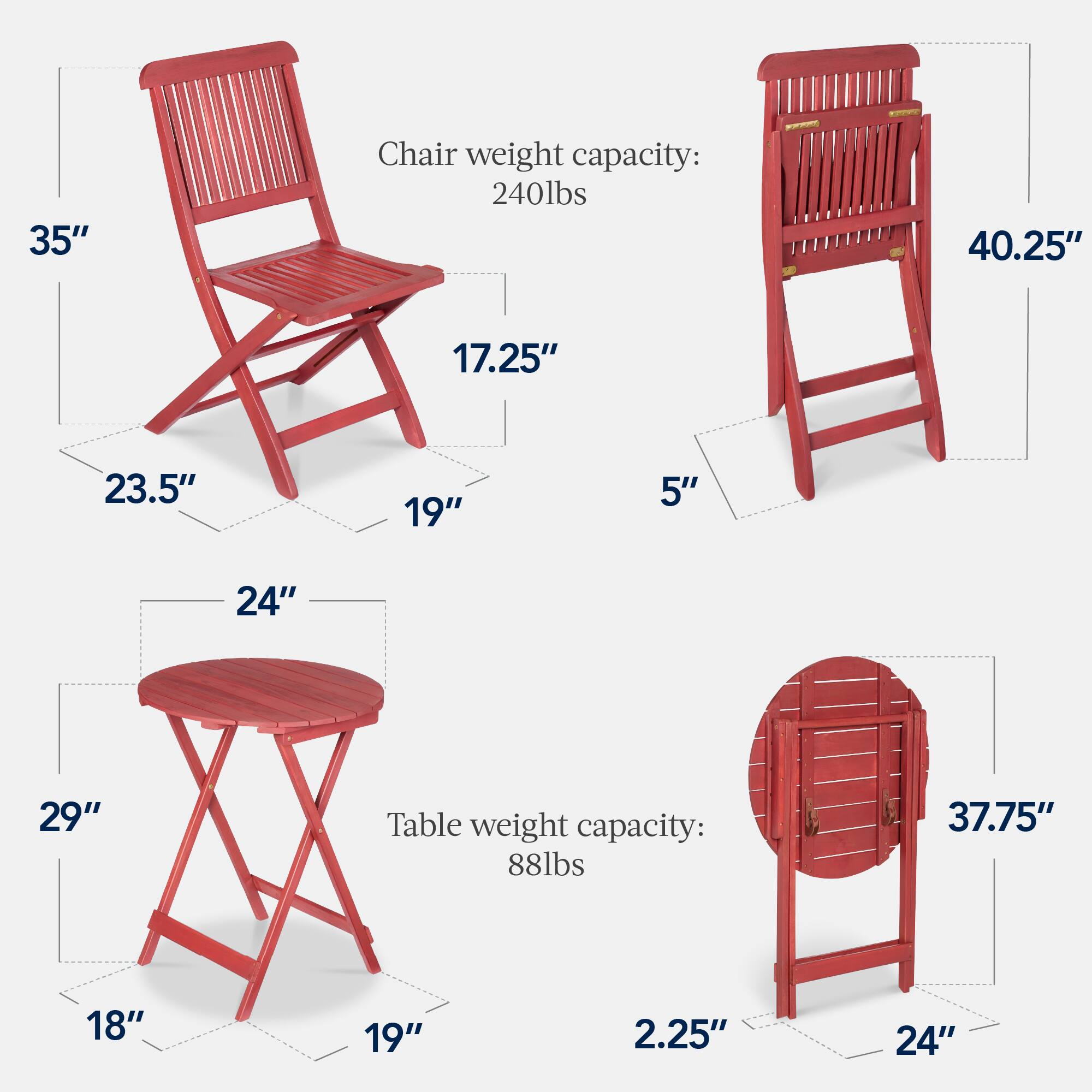 Chair weight capacity: 240lbs  
35"  
40.25"  
17.25"  
23.5"  
19"  
5"  

Table weight capacity: 88lbs  
37.75"  
24"  
29"  
18"  
19"  
2.25"