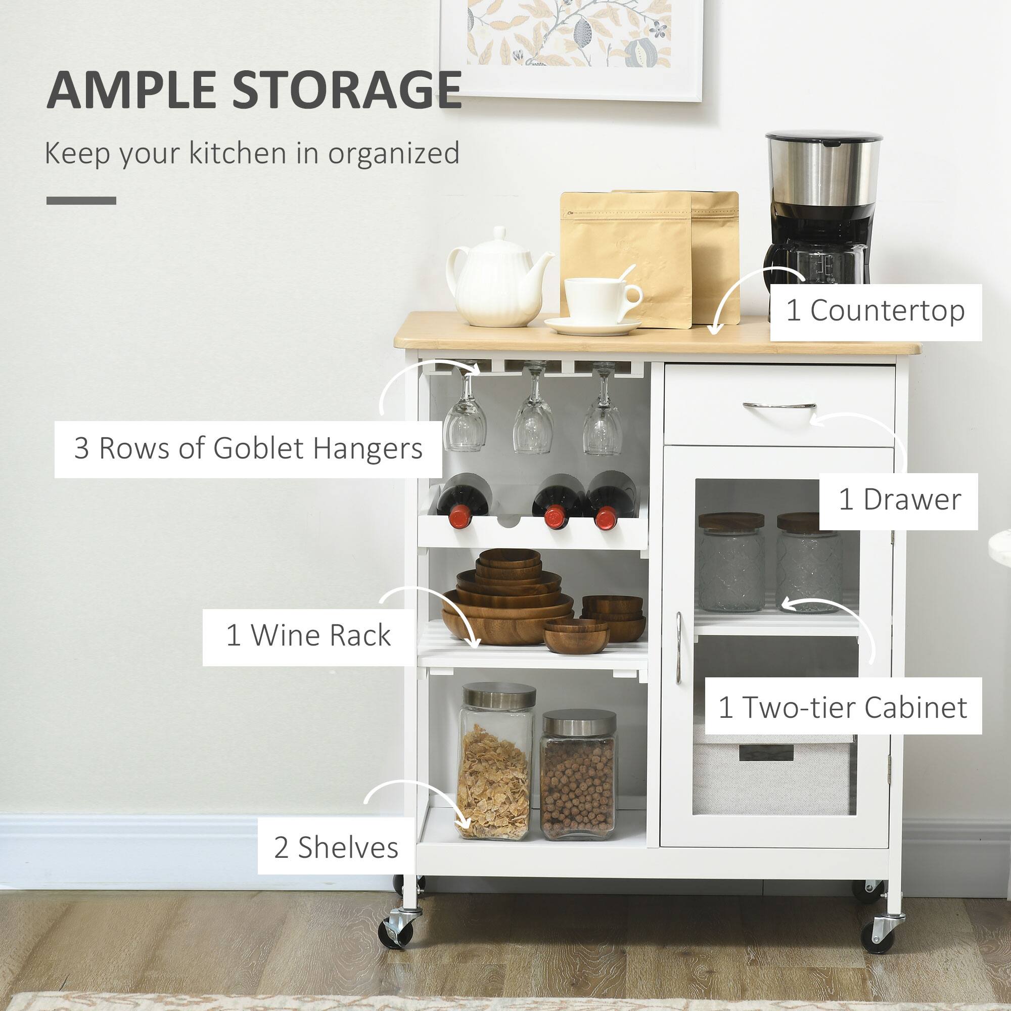 AMPLE STORAGE  
Keep your kitchen in organized  

- 1 Countertop  
- 3 Rows of Goblet Hangers  
- 1 Wine Rack  
- 1 Drawer  
- 1 Two-tier Cabinet  
- 2 Shelves