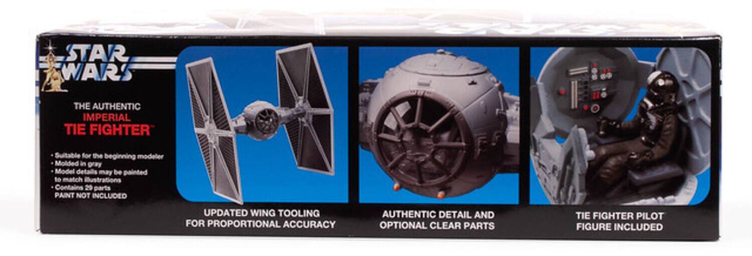 STAR WARS THE AUTHENTIC IMPERIAL TIE FIGHTER  
Suitable for the beginning modeler  
Molded in gray  
Model details may be painted to match illustrations  
Contains 29 parts  
PAINT NOT INCLUDED  
UPDATED WING TOOLING FOR PROPORTIONAL ACCURACY  
AUTHENTIC DETAIL AND OPTIONAL CLEAR PARTS  
TIE FIGHTER PILOT FIGURE INCLUDED