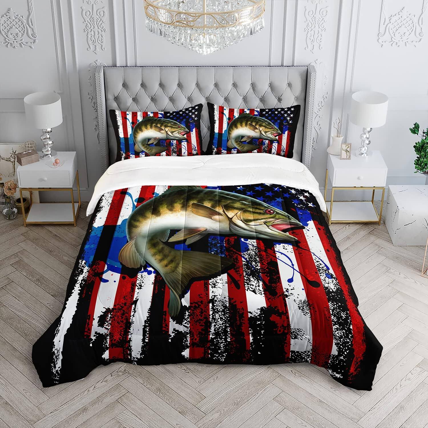 Alt View 2. Wikistore - WIKISTORE Big Pike Fishing Comforter Set Full Size Bass Fish American Flag Pattern Bedding 3 Piece - As Picture.